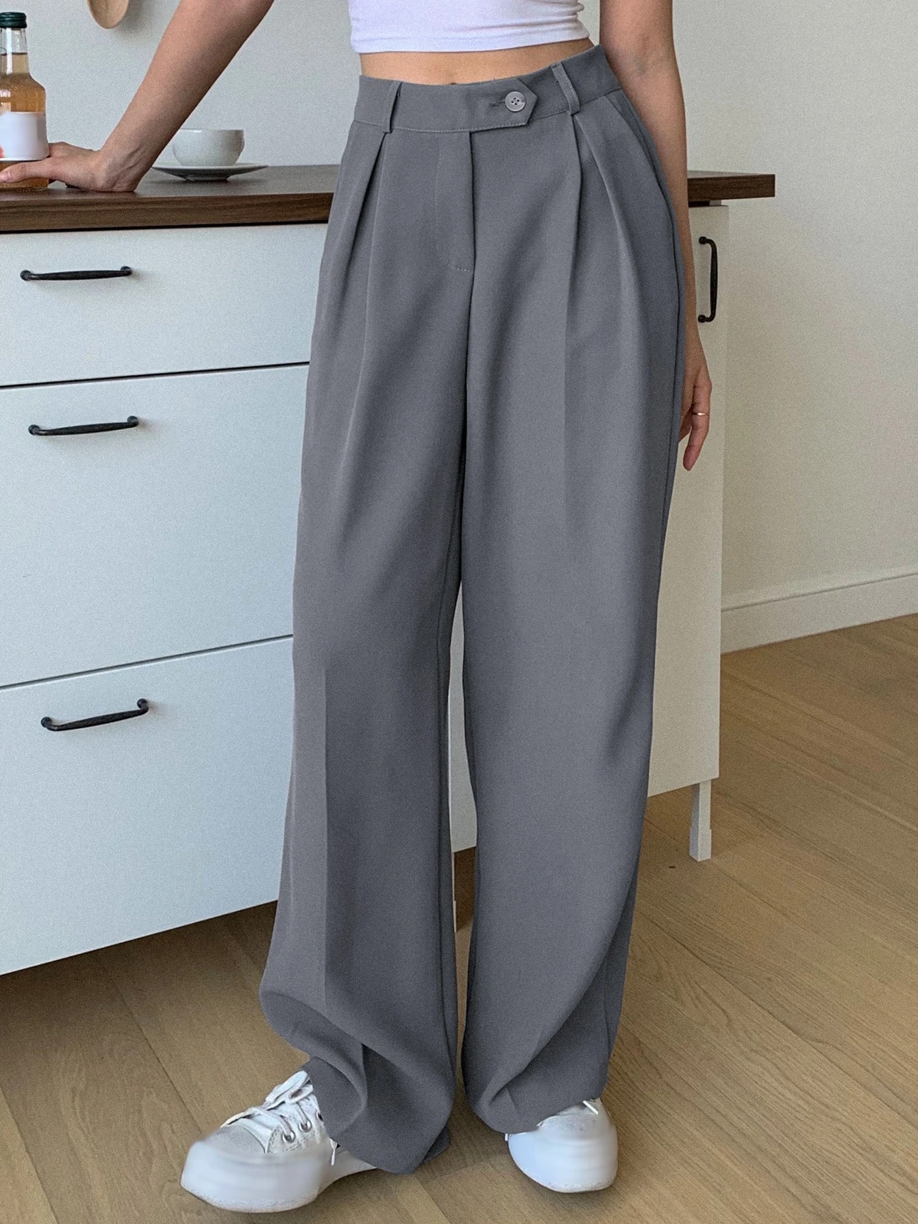 DAZY Pantalon de costume à taille haute plissé et évasé pour femmes, pantalon habillé — vue 10