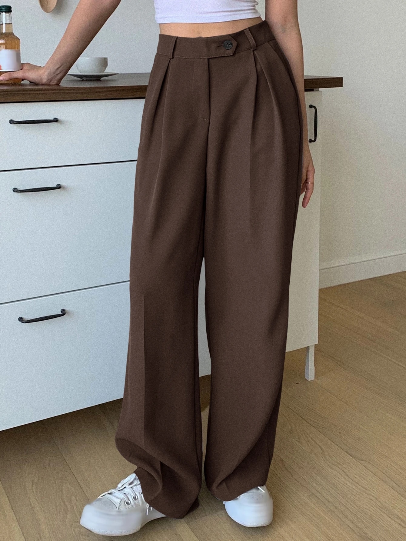 DAZY Pantalon de costume à taille haute plissé et évasé pour femmes, pantalon habillé — vue 11
