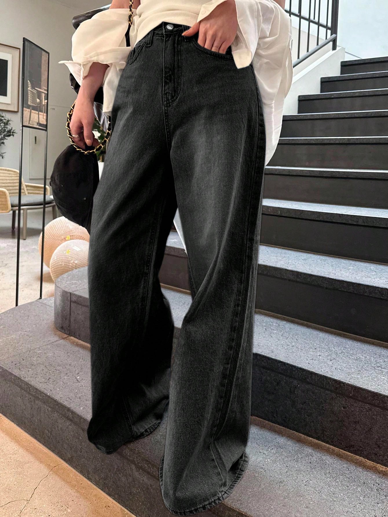 DAZY Jeans droits taille haute ample amincissants, minimaliste et polyvalent, pantalon — vue 10