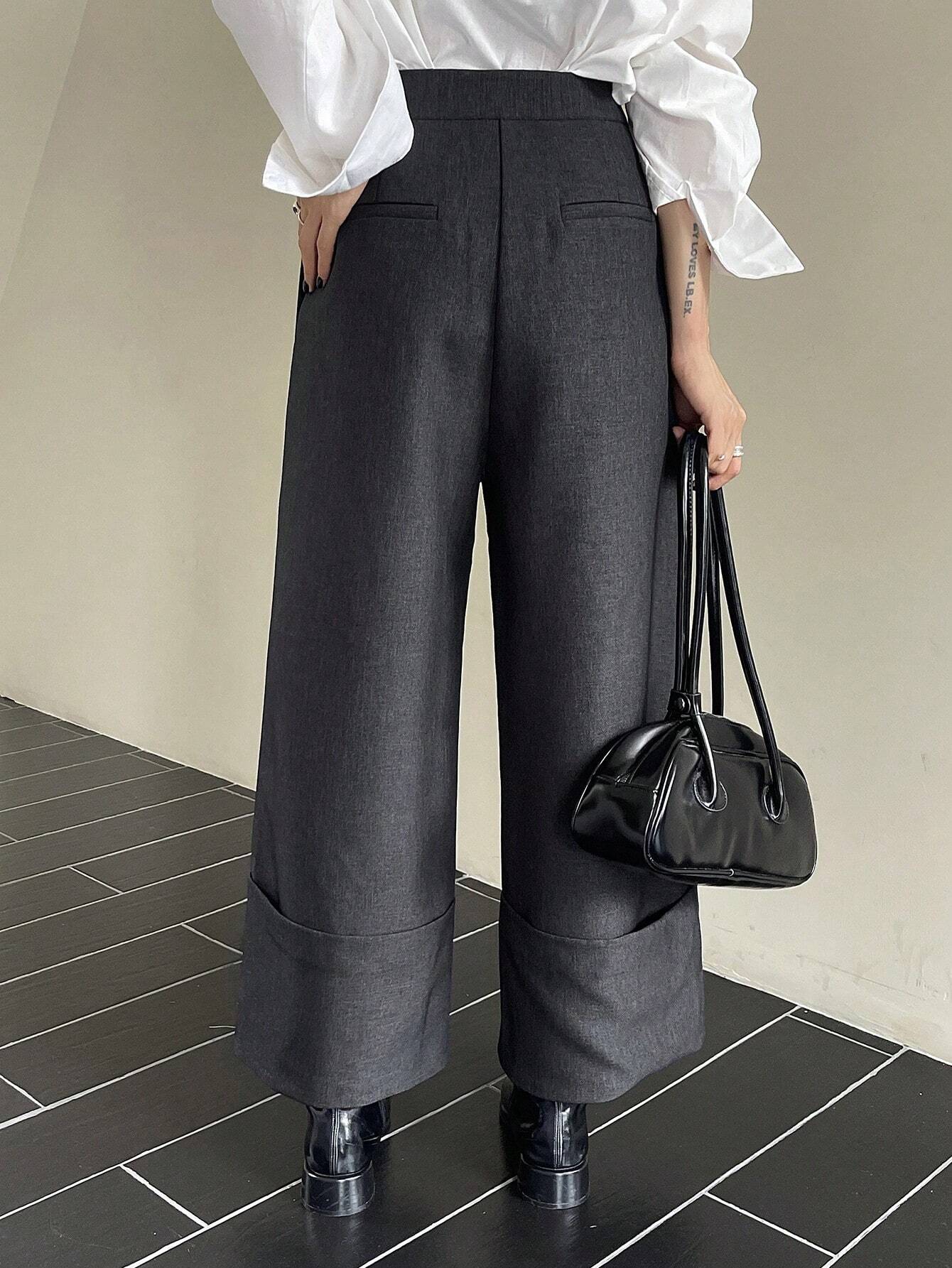 DAZY Pantalon droit court de couleur unie avec ourlet retroussé & poches, pantalon de — vue 4