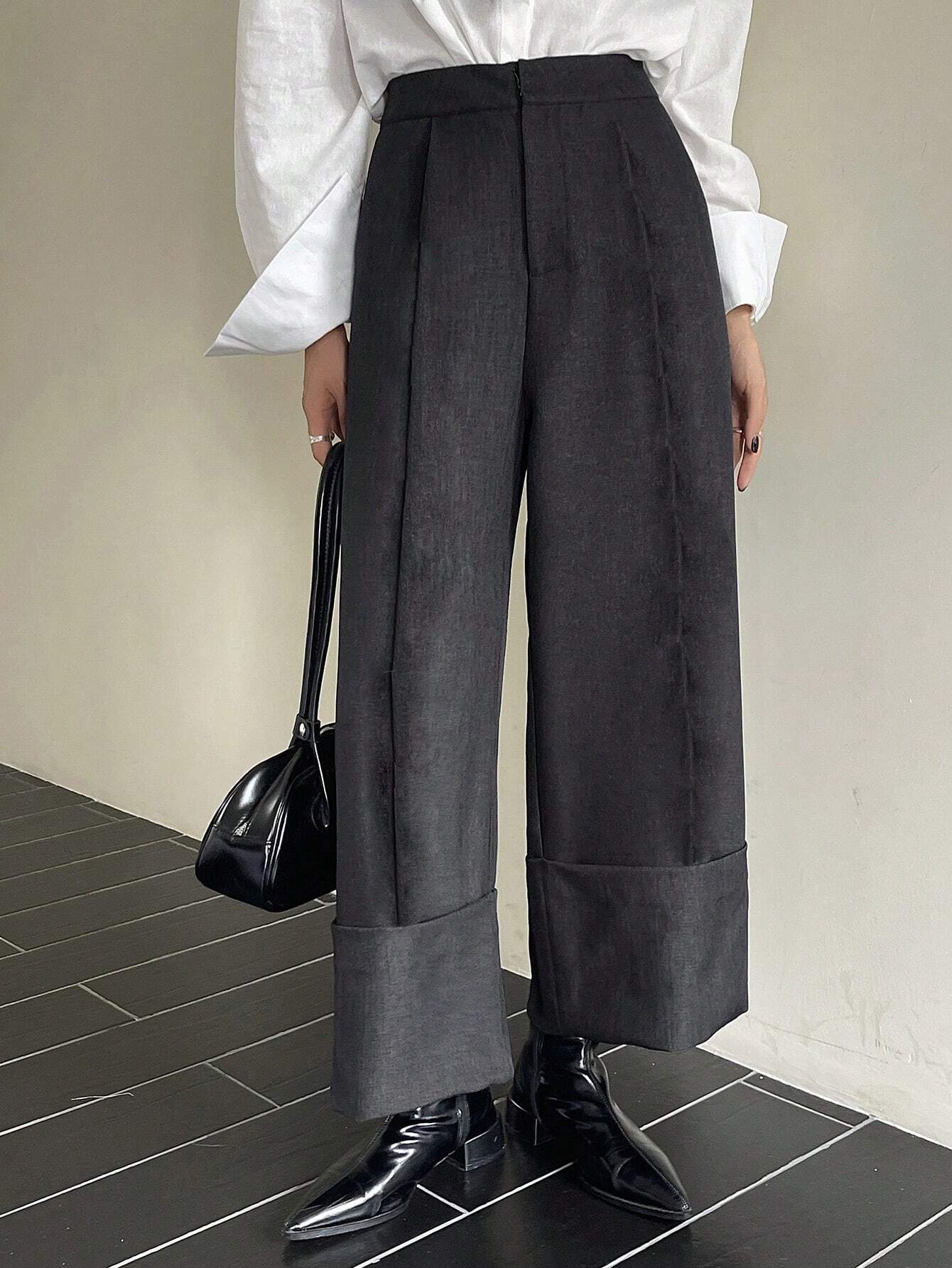 DAZY Pantalon droit court de couleur unie avec ourlet retroussé & poches, pantalon de