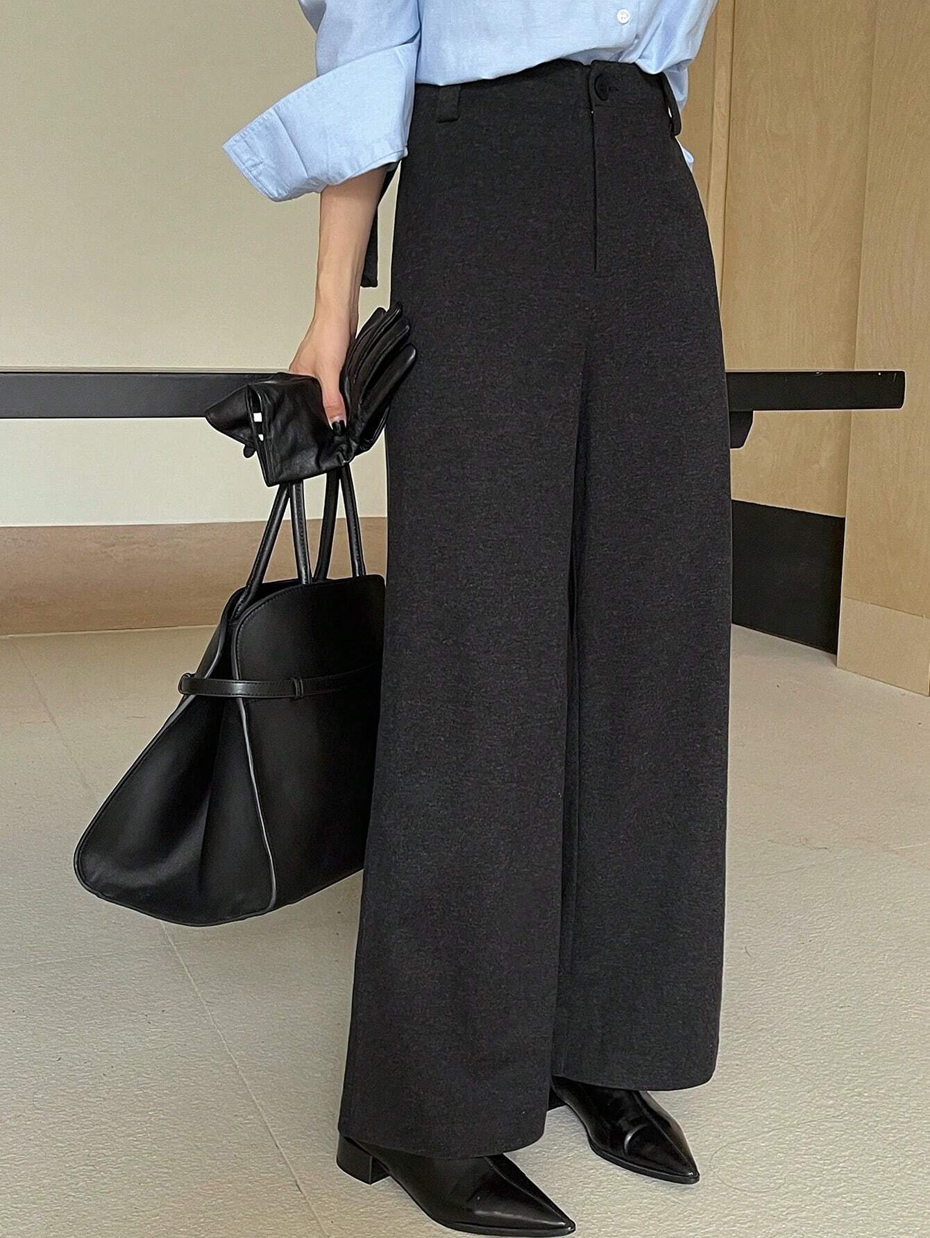 DAZY Pantalon droit ample à boutons devant de couleur unie pour femmes, porter casual au — vue 3