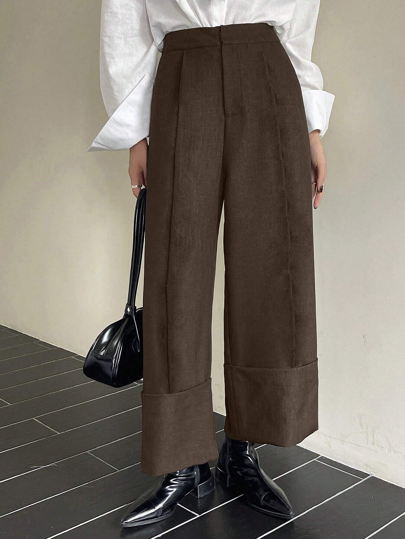 DAZY Pantalon droit court de couleur unie avec ourlet retroussé & poches, pantalon de — vue 2