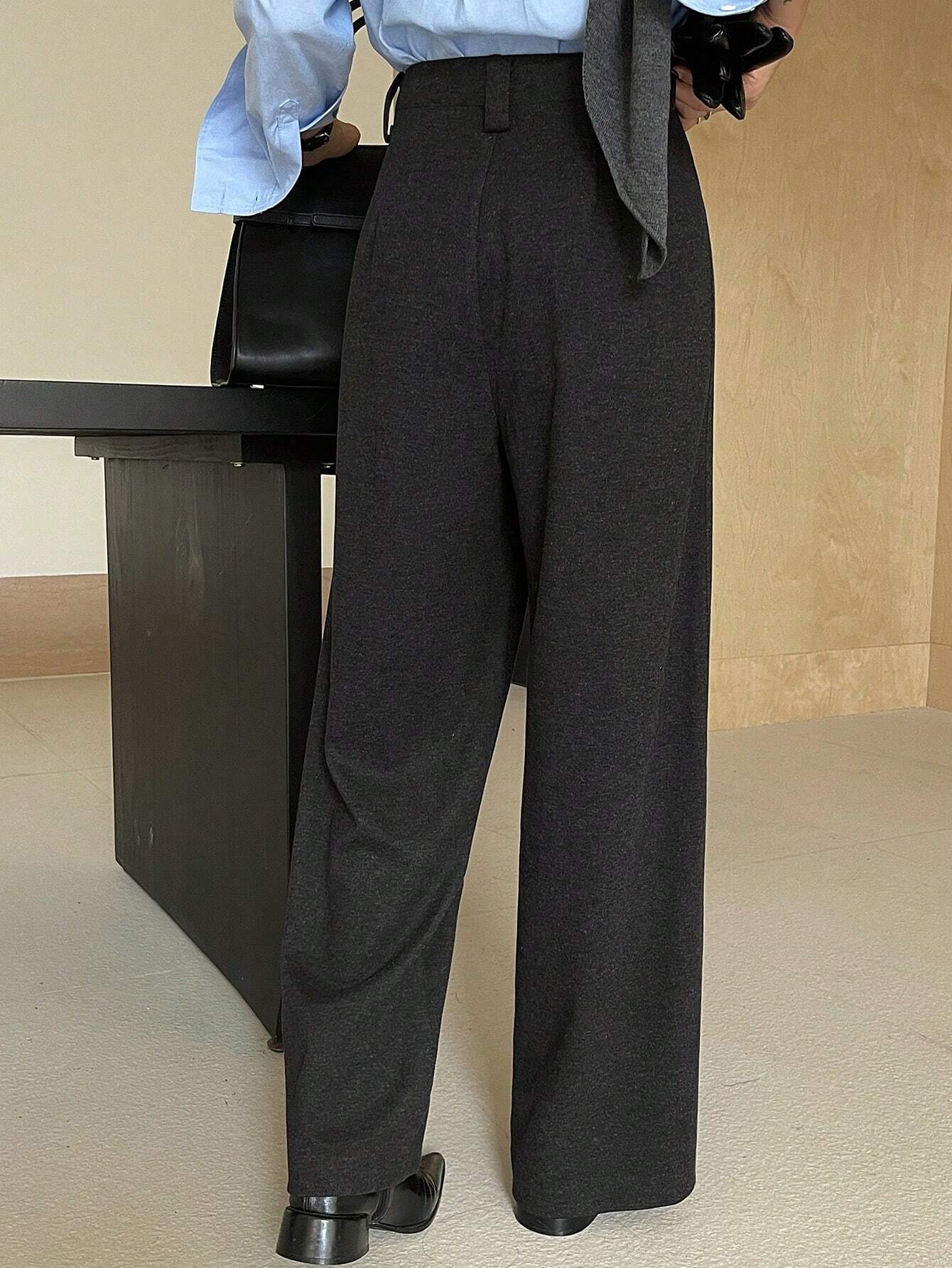 DAZY Pantalon droit ample à boutons devant de couleur unie pour femmes, porter casual au — vue 2