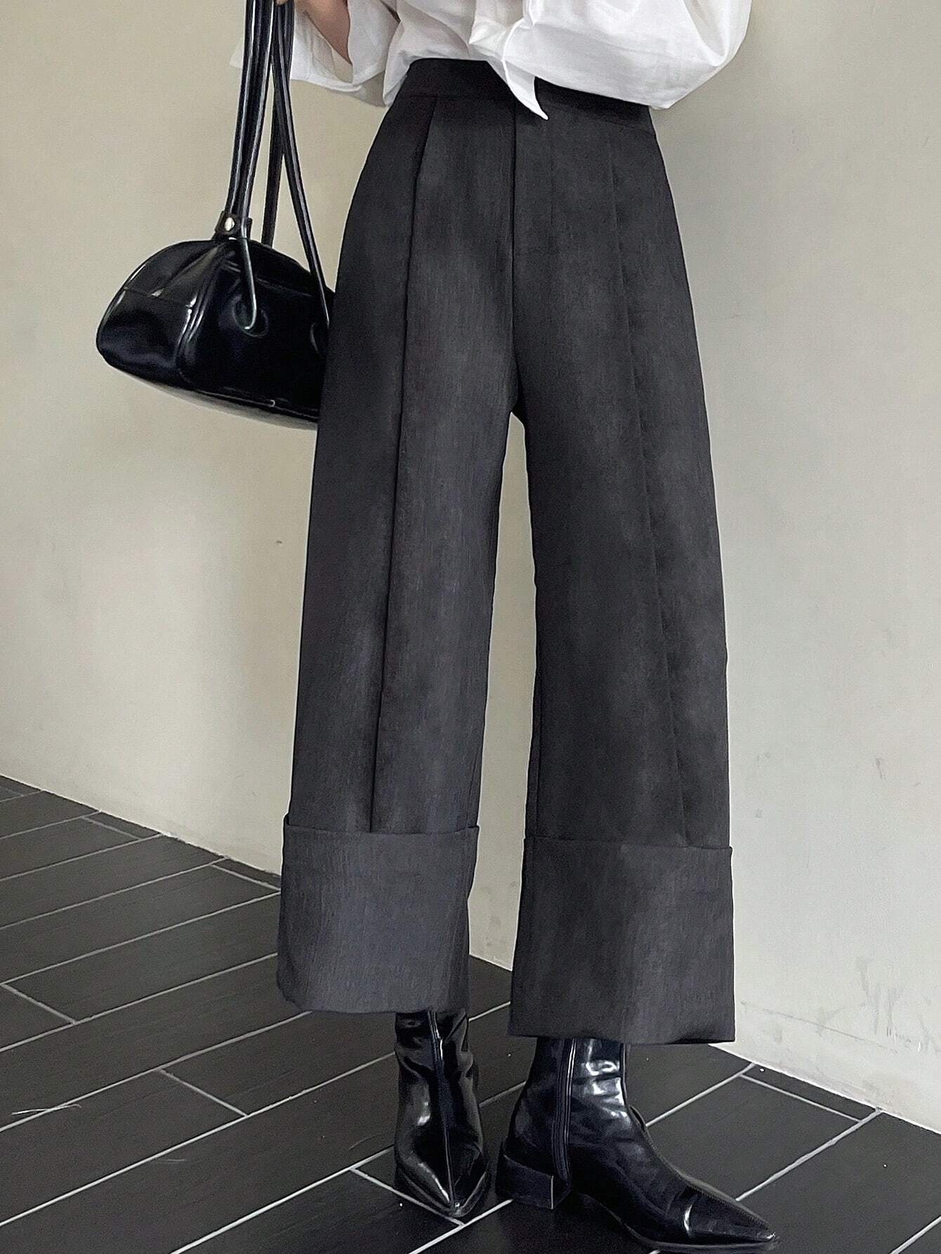 DAZY Pantalon droit court de couleur unie avec ourlet retroussé & poches, pantalon de — vue 7