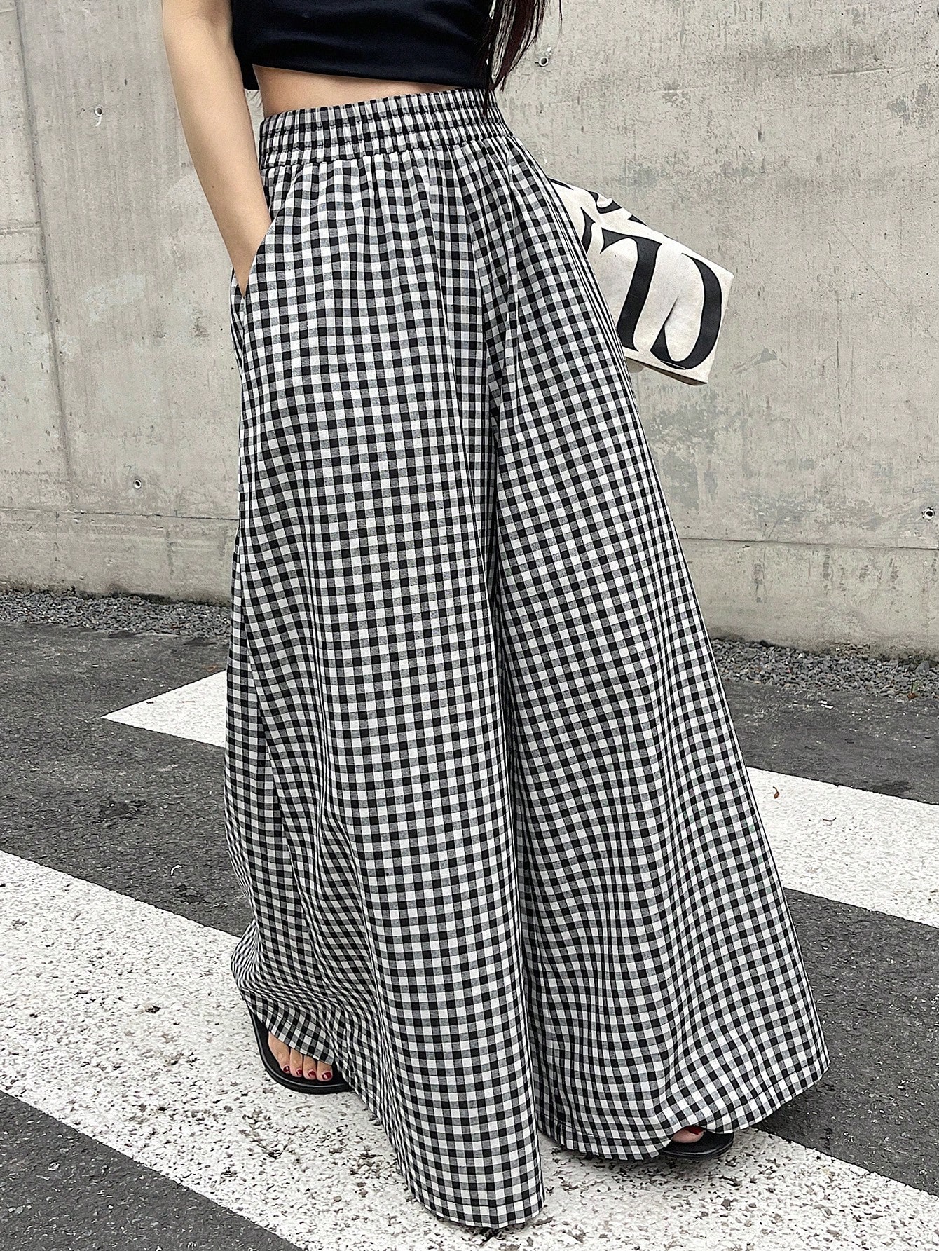 DAZY Pantalon à carreaux à taille haute et jambes larges avec taille élastique, pour le