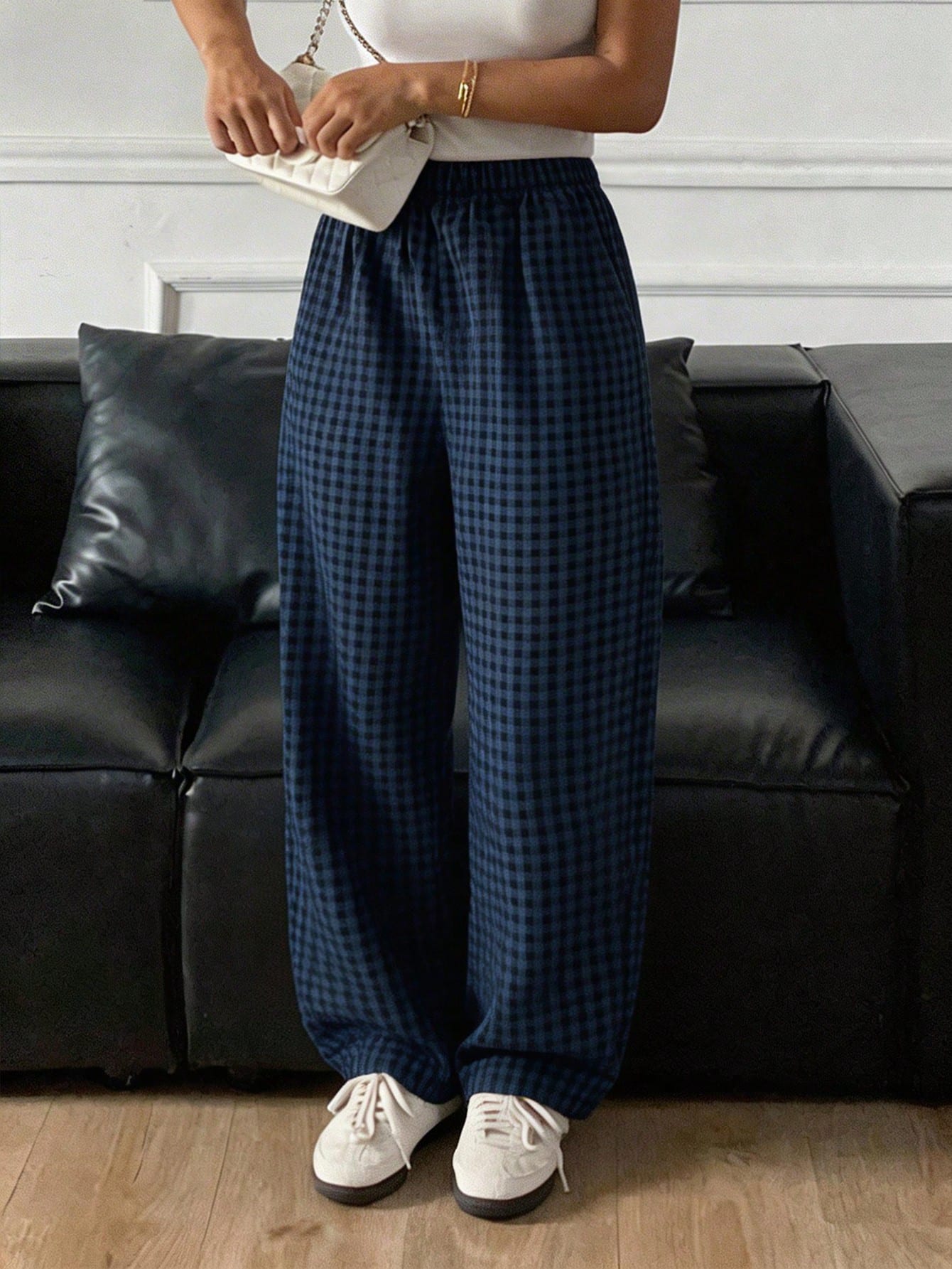 DAZY Pantalon de pyjama ample à jambes larges avec motif à carreaux minimaliste, automne, — vue 6