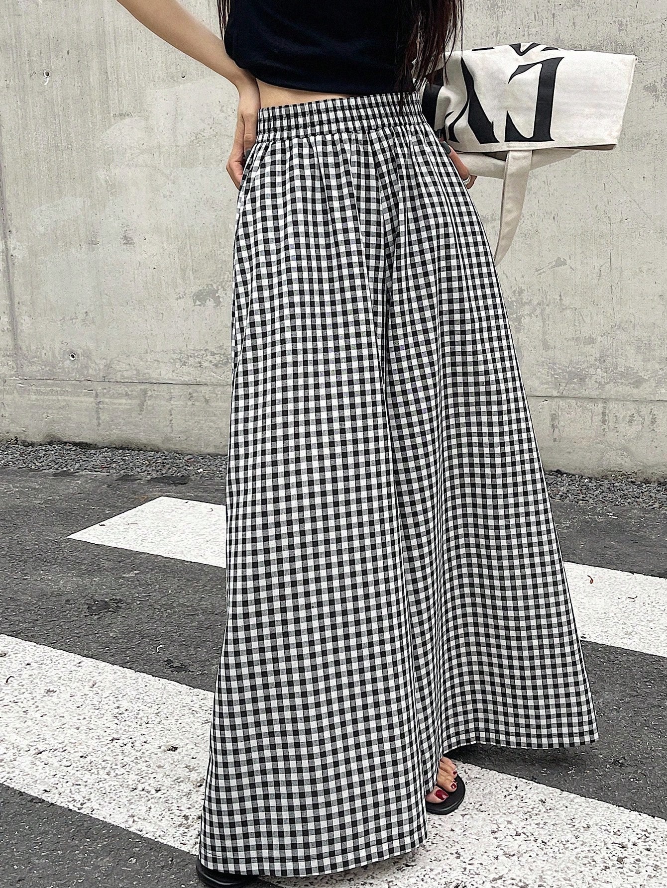 DAZY Pantalon à carreaux à taille haute et jambes larges avec taille élastique, pour le — vue 6