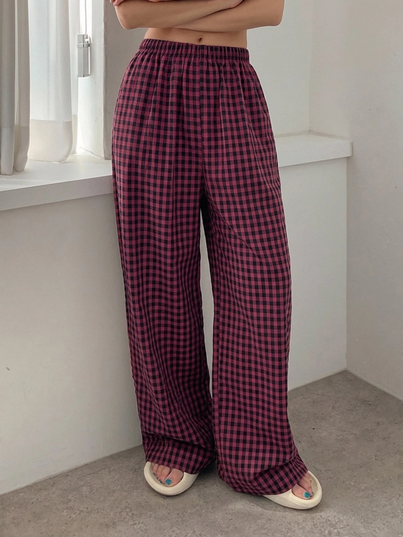 DAZY Pantalon de pyjama ample à jambes larges avec motif à carreaux minimaliste, automne, — vue 5