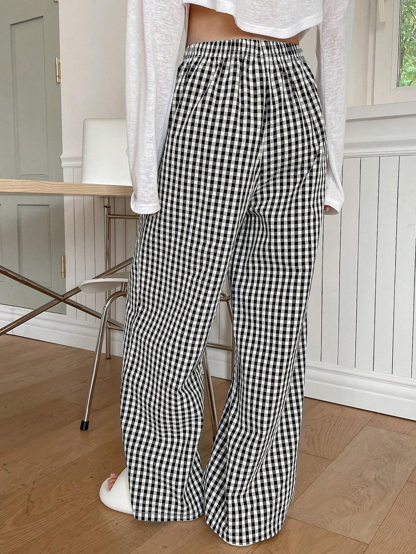 DAZY Pantalon de pyjama ample à jambes larges avec motif à carreaux minimaliste, automne, — vue 9