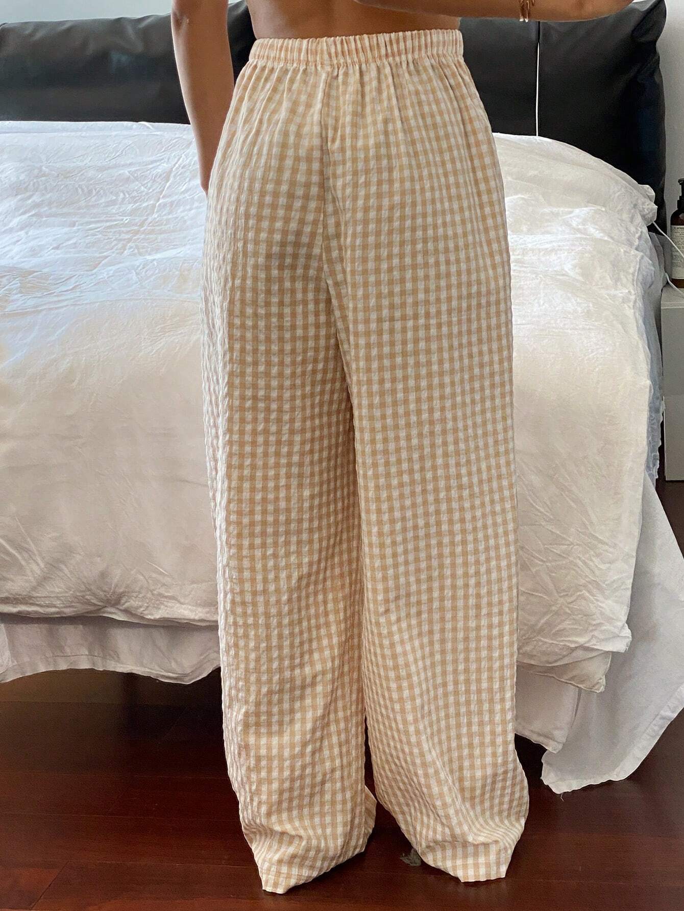 DAZY Pantalon de pyjama ample à jambes larges avec motif à carreaux minimaliste, automne, — vue 8
