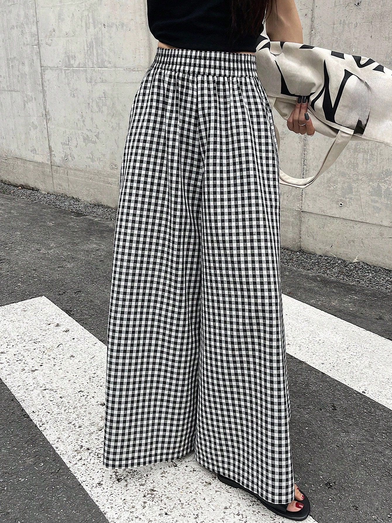 DAZY Pantalon à carreaux à taille haute et jambes larges avec taille élastique, pour le — vue 8