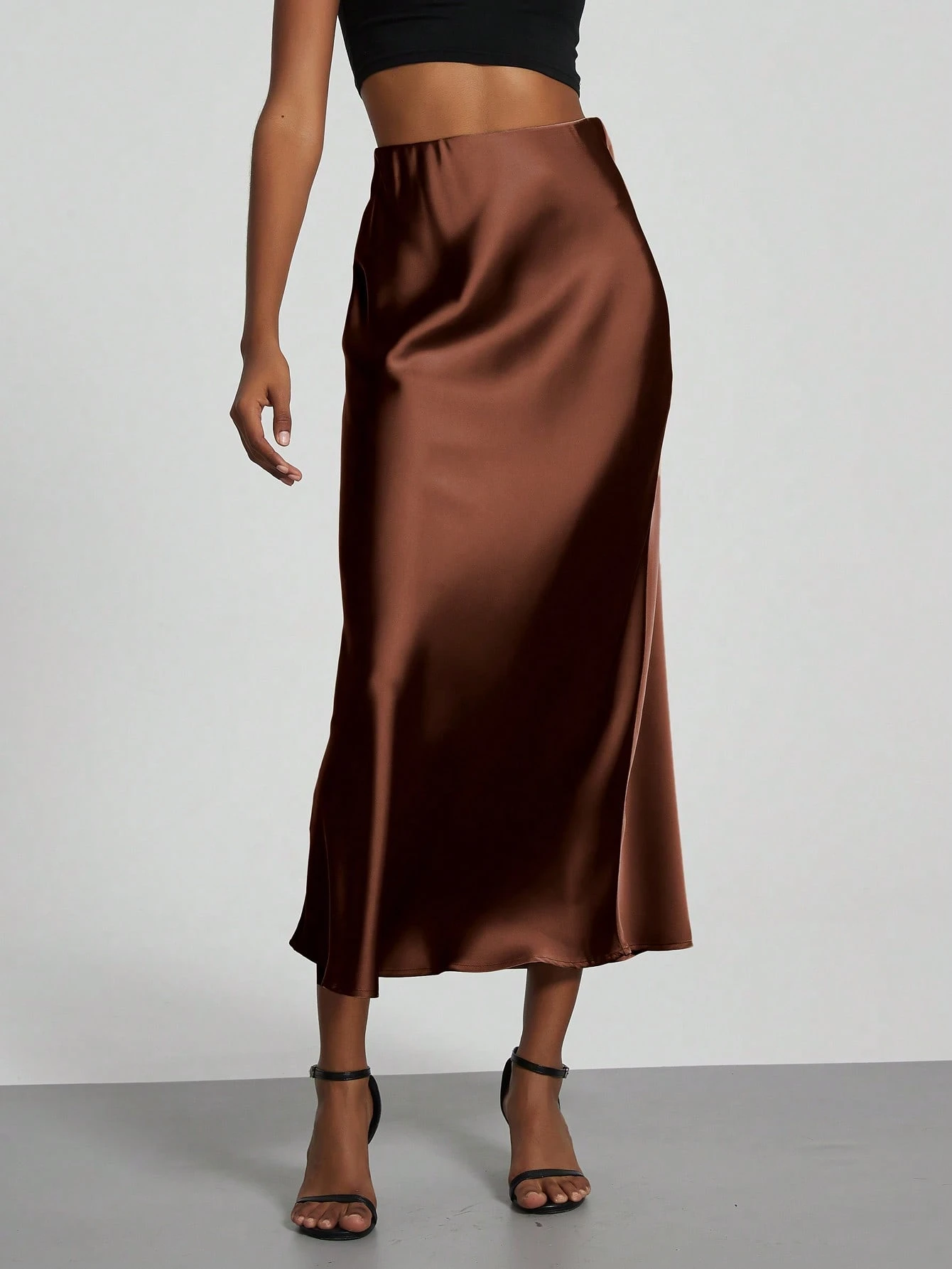 Jupe maxi en satin élastique de style Se-Helo pour femmes - Marron café, décontracté, — vue 2