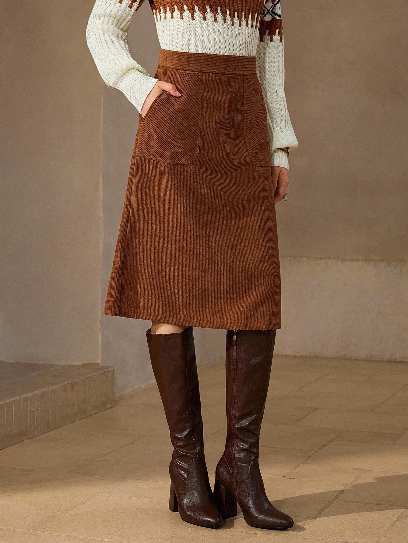 Wildy Jupe en velours côtelé élégante BOHO à taille haute avec poches obliques, tenue — vue 6