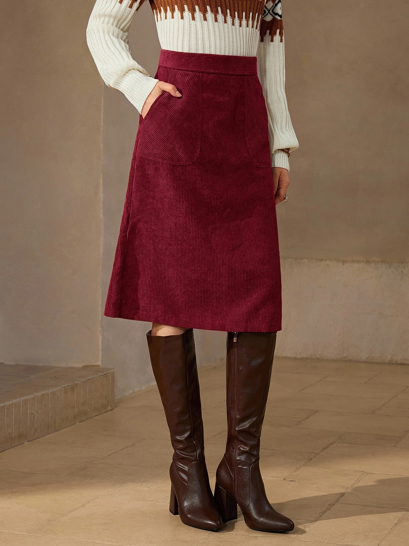 Wildy Jupe en velours côtelé élégante BOHO à taille haute avec poches obliques, tenue — vue 3