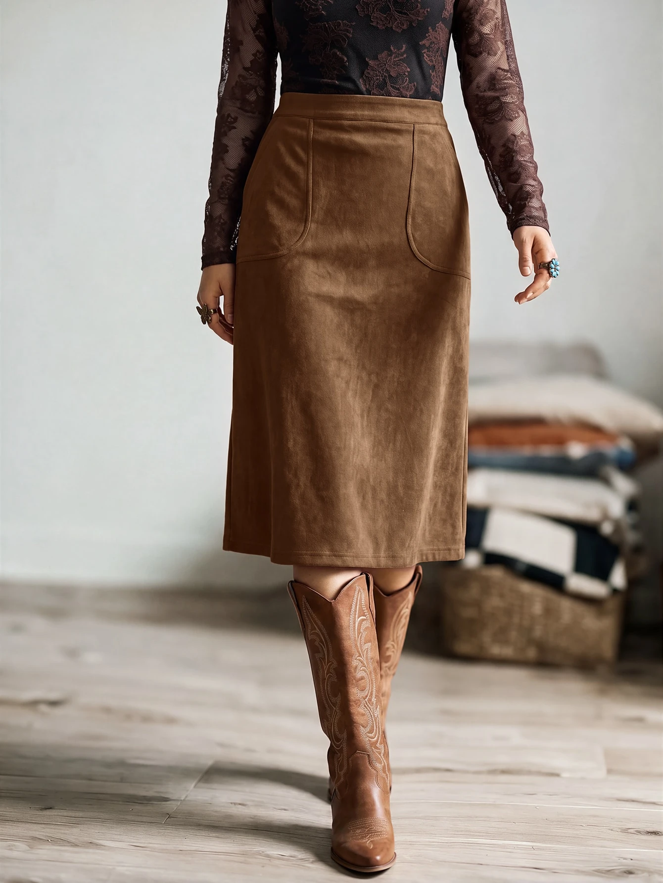 Wildy Jupe en velours côtelé élégante BOHO à taille haute avec poches obliques, tenue — vue 4