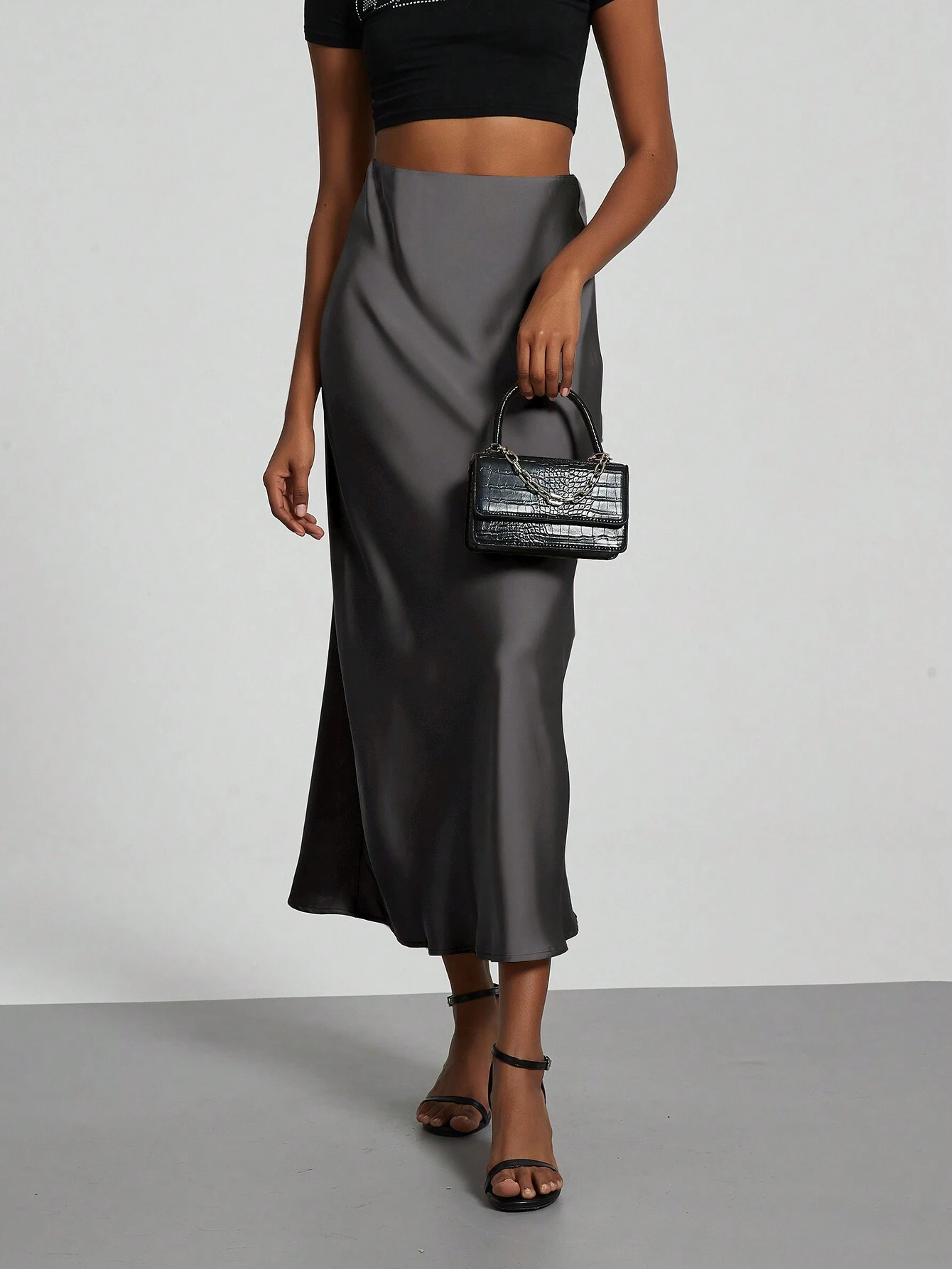 Jupe maxi en satin élastique de style Se-Helo pour femmes - Marron café, décontracté, — vue 11