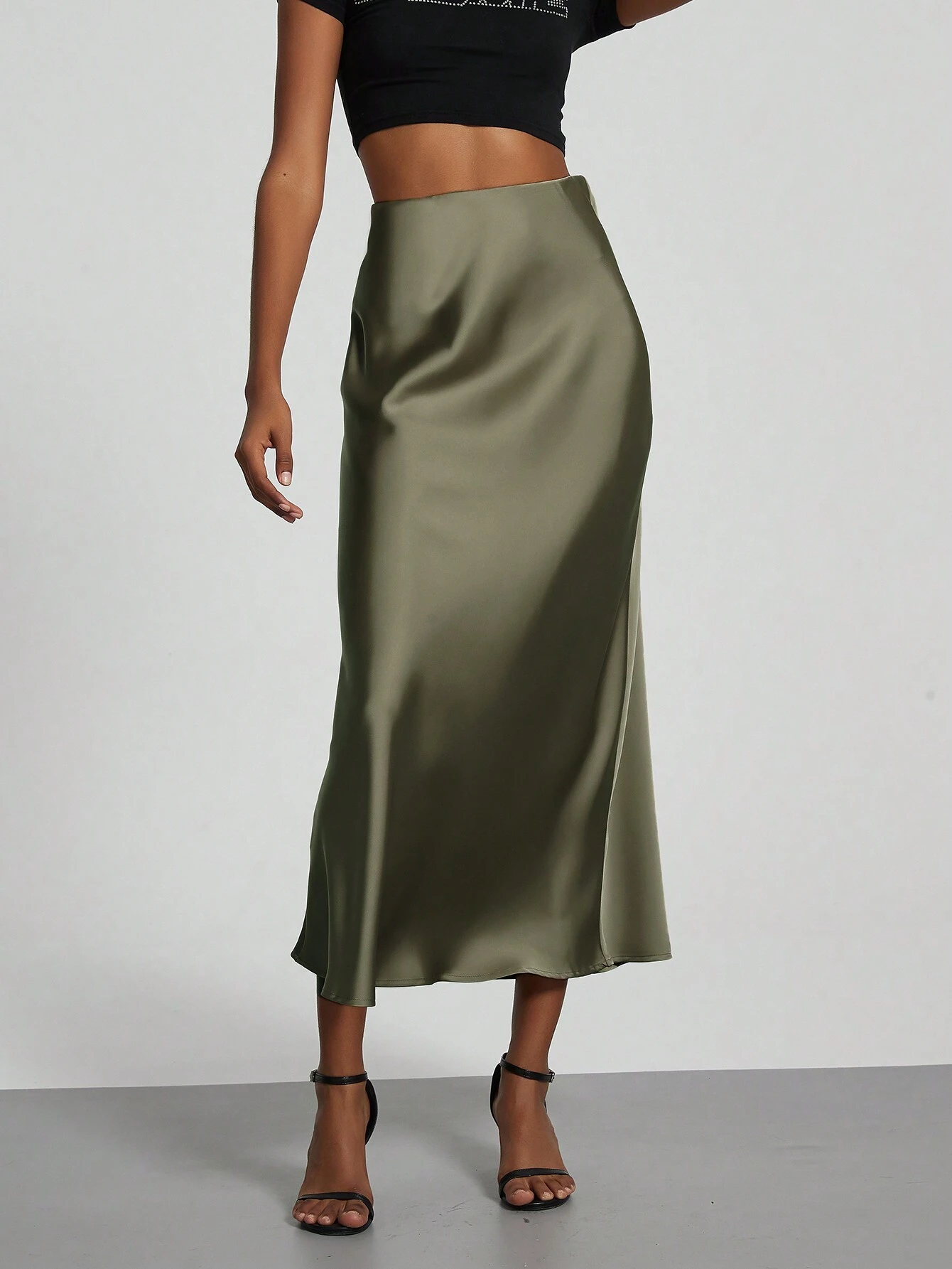 Jupe maxi en satin élastique de style Se-Helo pour femmes - Marron café, décontracté, — vue 7