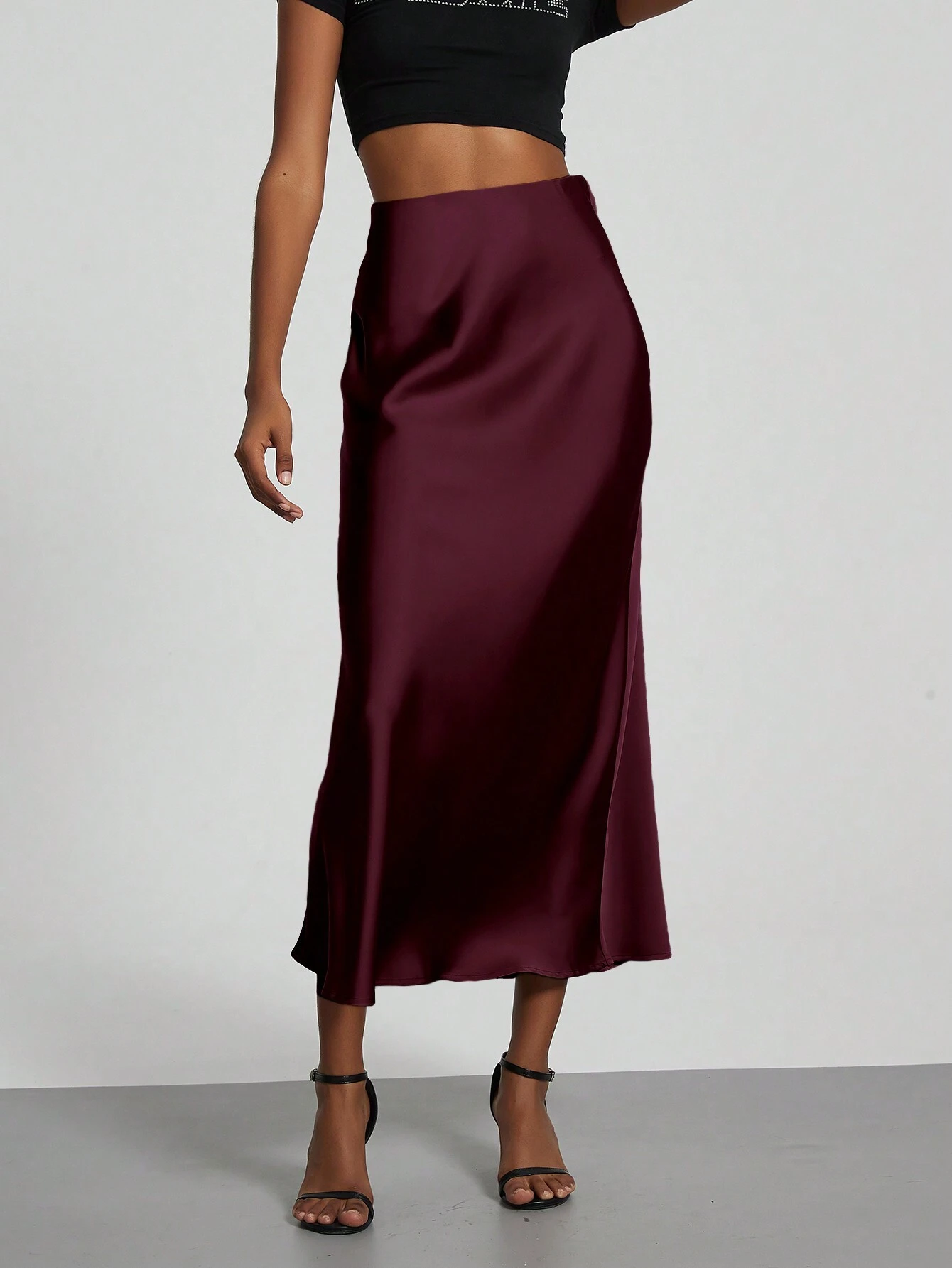 Jupe maxi en satin élastique de style Se-Helo pour femmes - Marron café, décontracté, — vue 12
