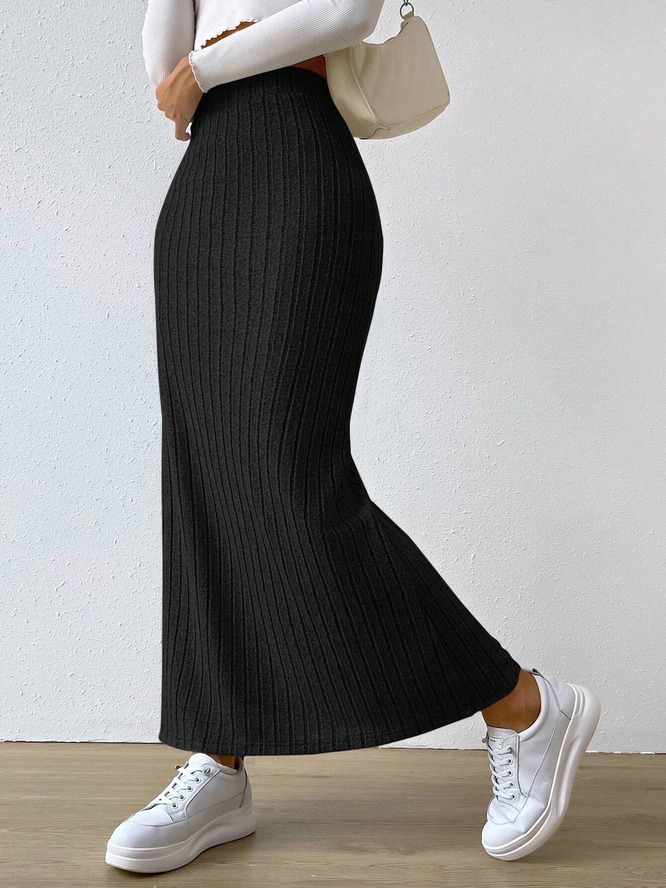 EZwear Jupes longues décontractées à taille haute, en tricot côtelé avec fente sur — vue 2