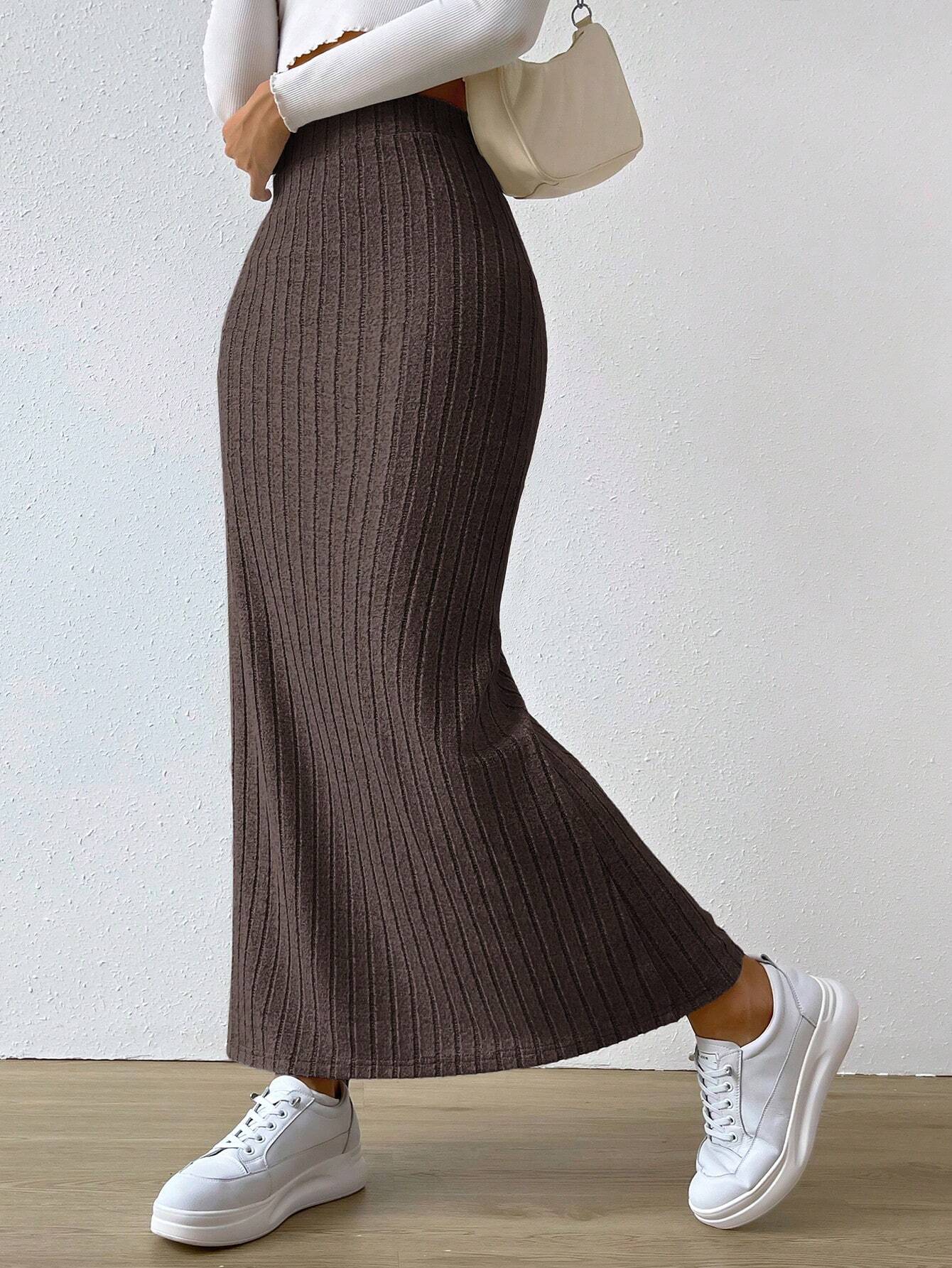 EZwear Jupes longues décontractées à taille haute, en tricot côtelé avec fente sur