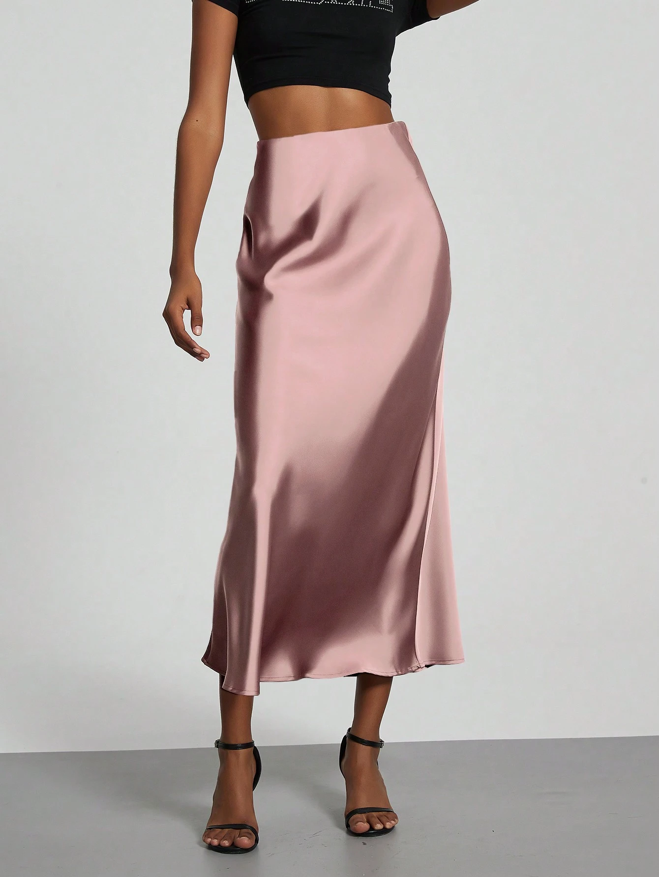 Jupe maxi en satin élastique de style Se-Helo pour femmes - Marron café, décontracté, — vue 15