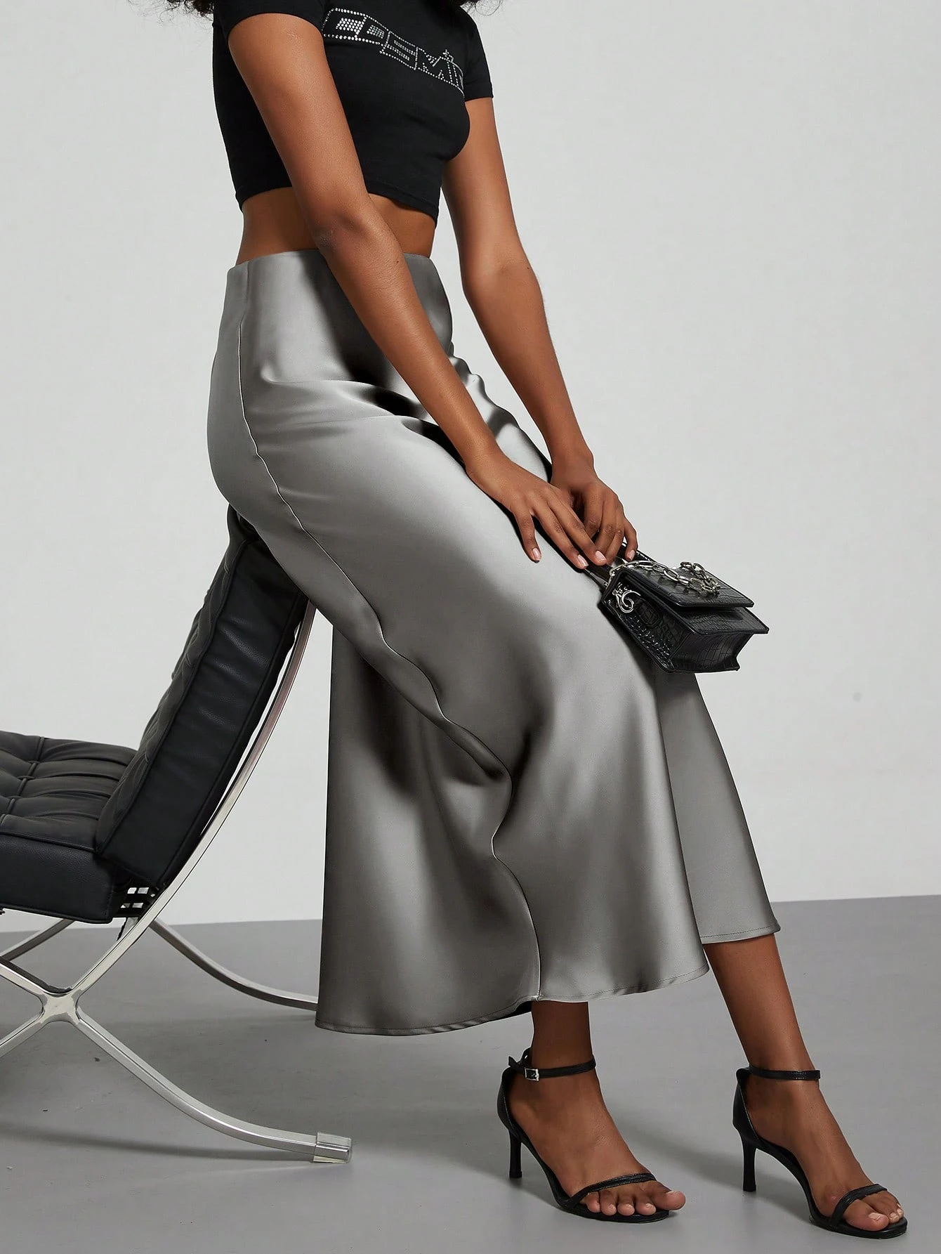 Jupe maxi en satin élastique de style Se-Helo pour femmes - Marron café, décontracté, — vue 17