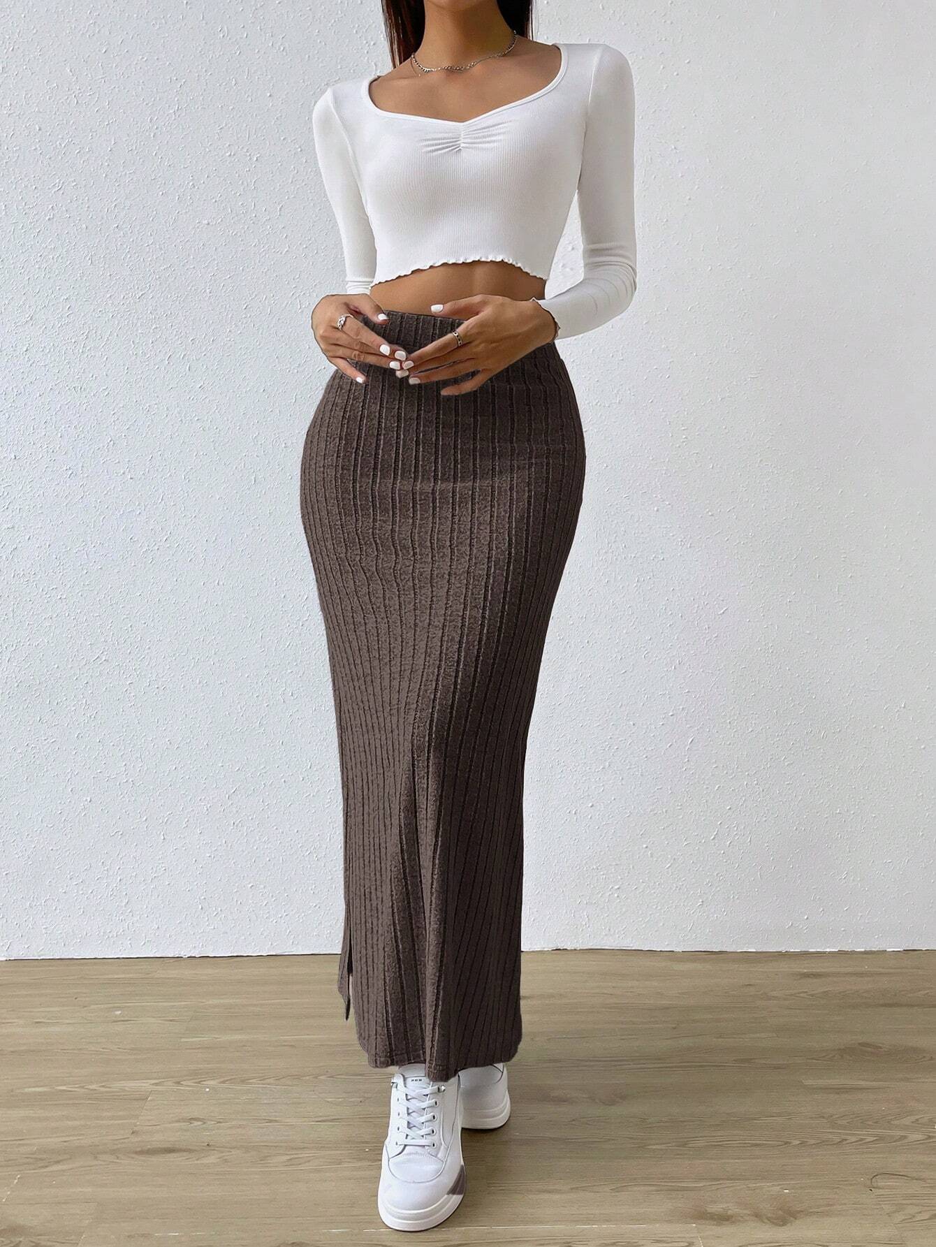 EZwear Jupes longues décontractées à taille haute, en tricot côtelé avec fente sur — vue 11