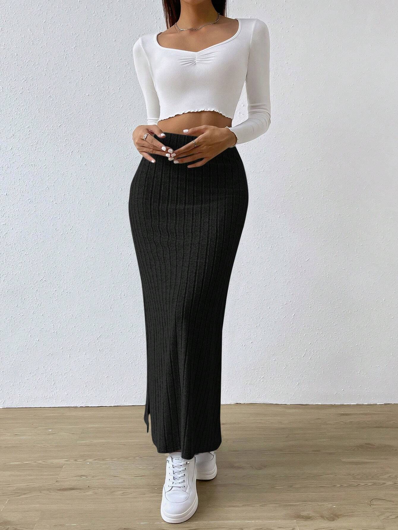 EZwear Jupes longues décontractées à taille haute, en tricot côtelé avec fente sur — vue 12