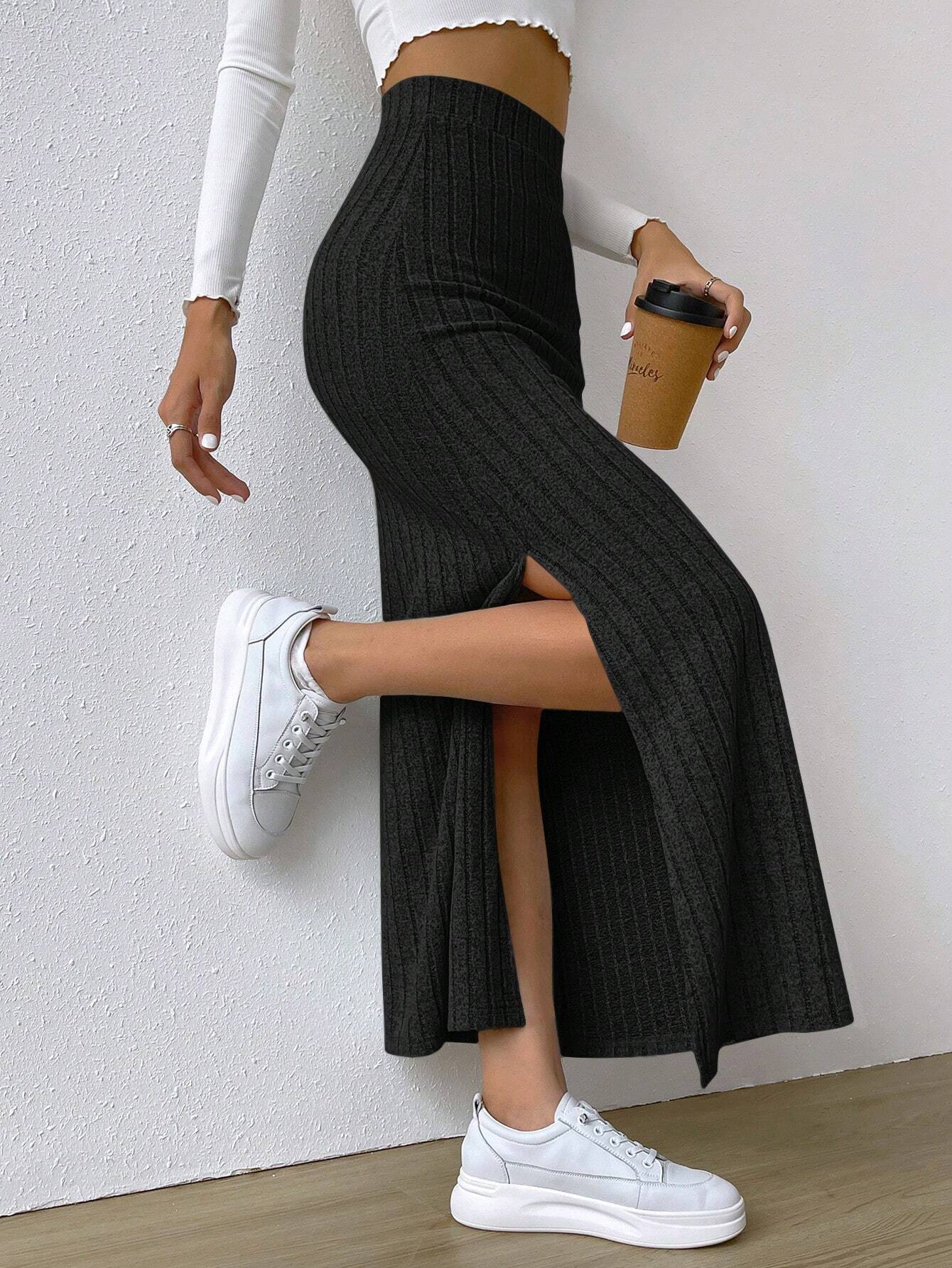 EZwear Jupes longues décontractées à taille haute, en tricot côtelé avec fente sur — vue 10