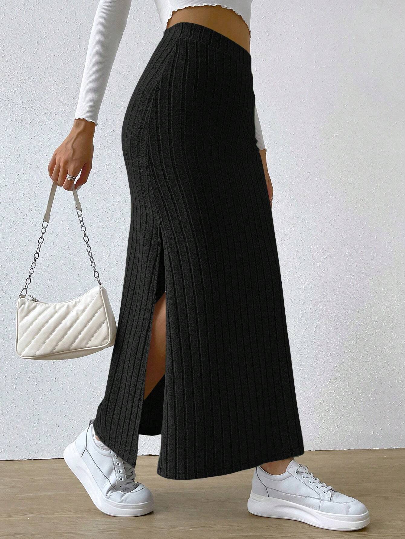 EZwear Jupes longues décontractées à taille haute, en tricot côtelé avec fente sur — vue 8