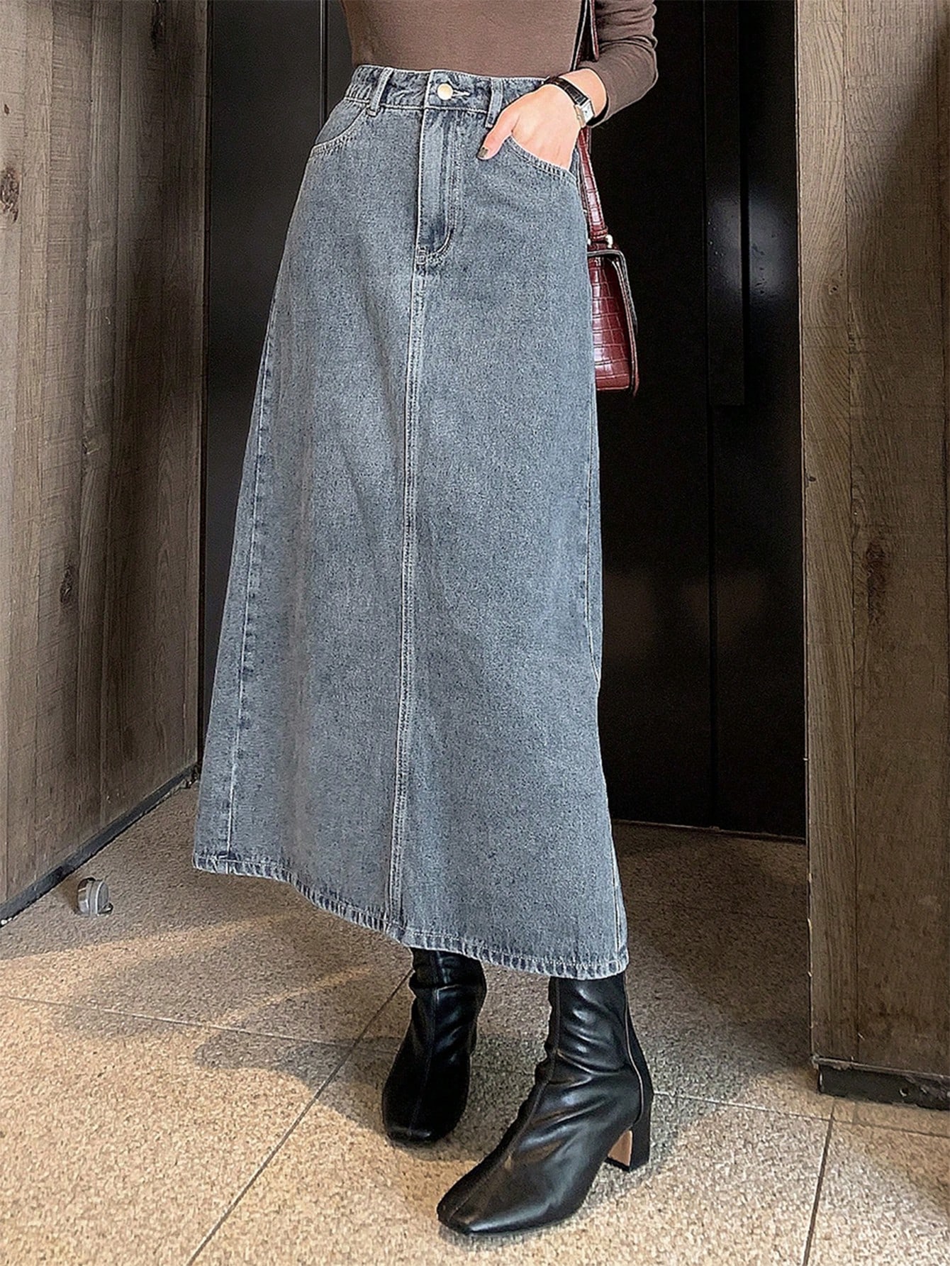 DAZY Jupe en jean délavée avec fente et poche pour femmes, couleur unie, style — vue 4