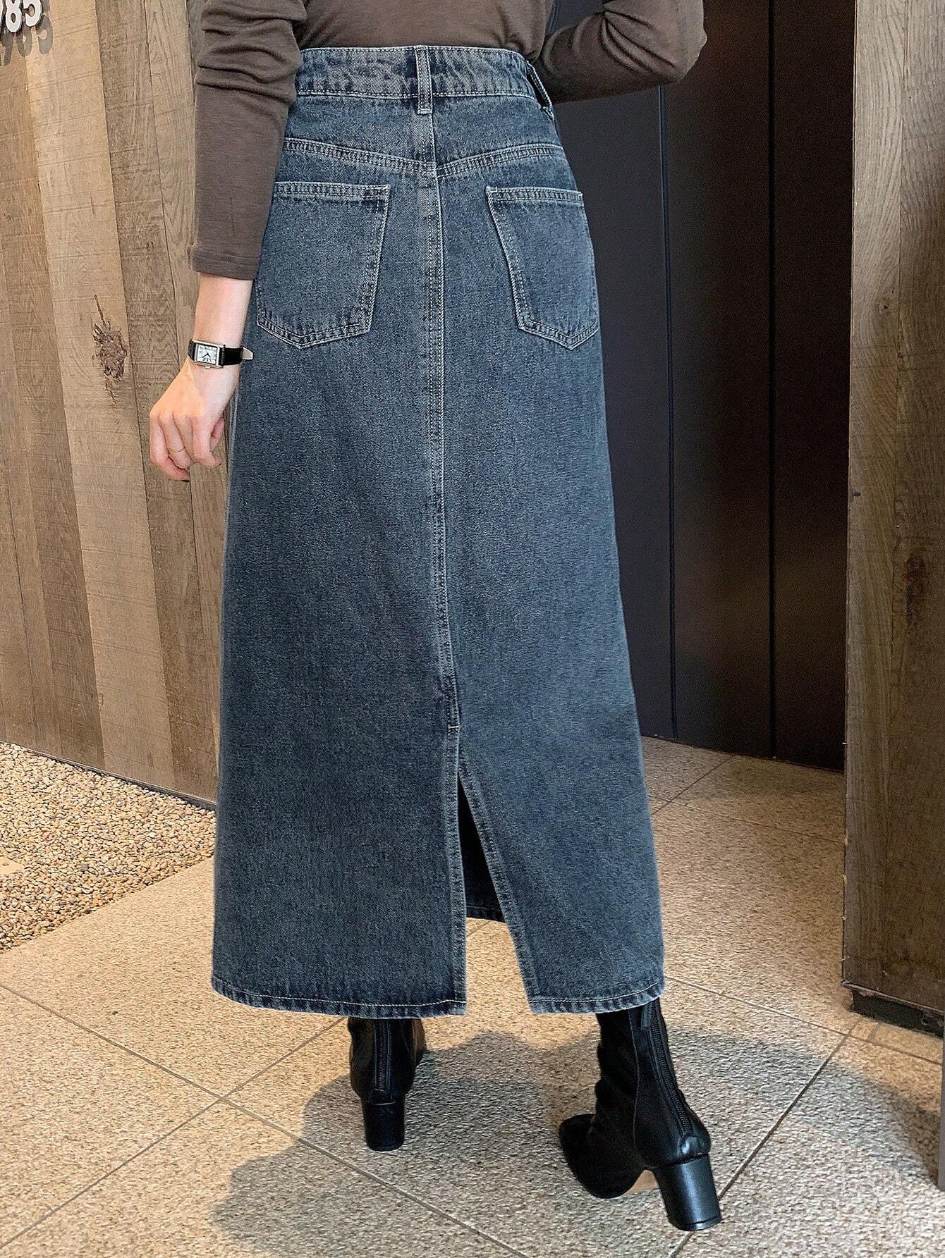 DAZY Jupe en jean délavée avec fente et poche pour femmes, couleur unie, style — vue 5