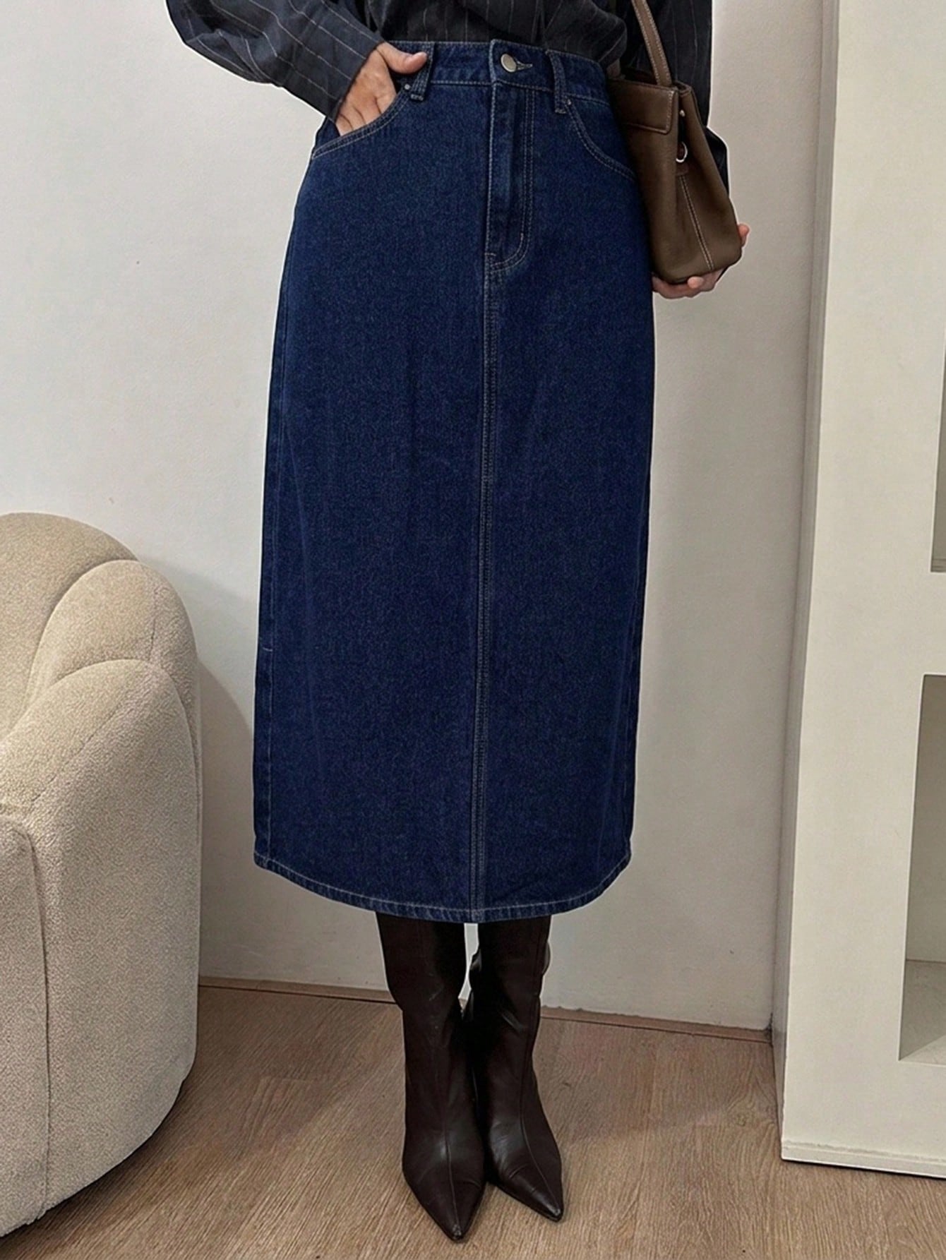 DAZY Jupe en jean délavée avec fente et poche pour femmes, couleur unie, style — vue 3