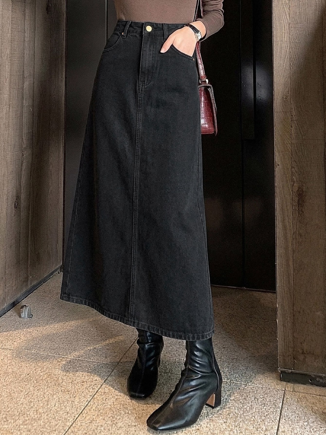 DAZY Jupe en jean délavée avec fente et poche pour femmes, couleur unie, style — vue 2