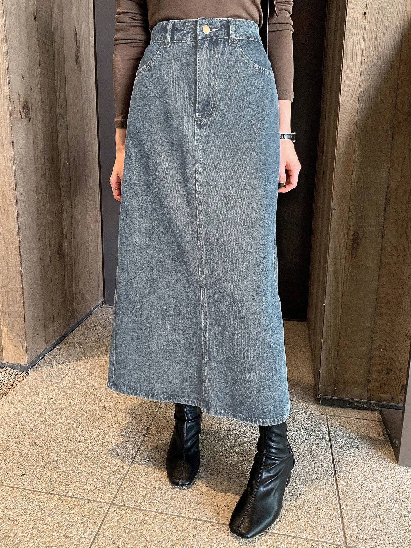 DAZY Jupe en jean délavée avec fente et poche pour femmes, couleur unie, style — vue 12