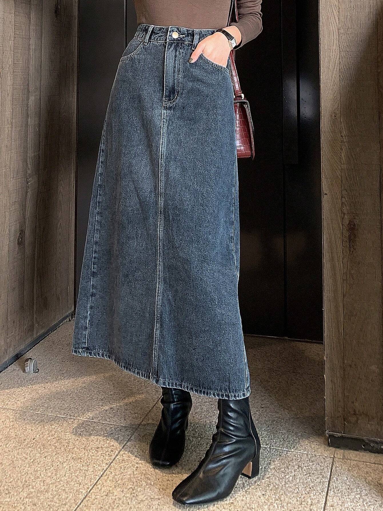 DAZY Jupe en jean délavée avec fente et poche pour femmes, couleur unie, style — vue 9