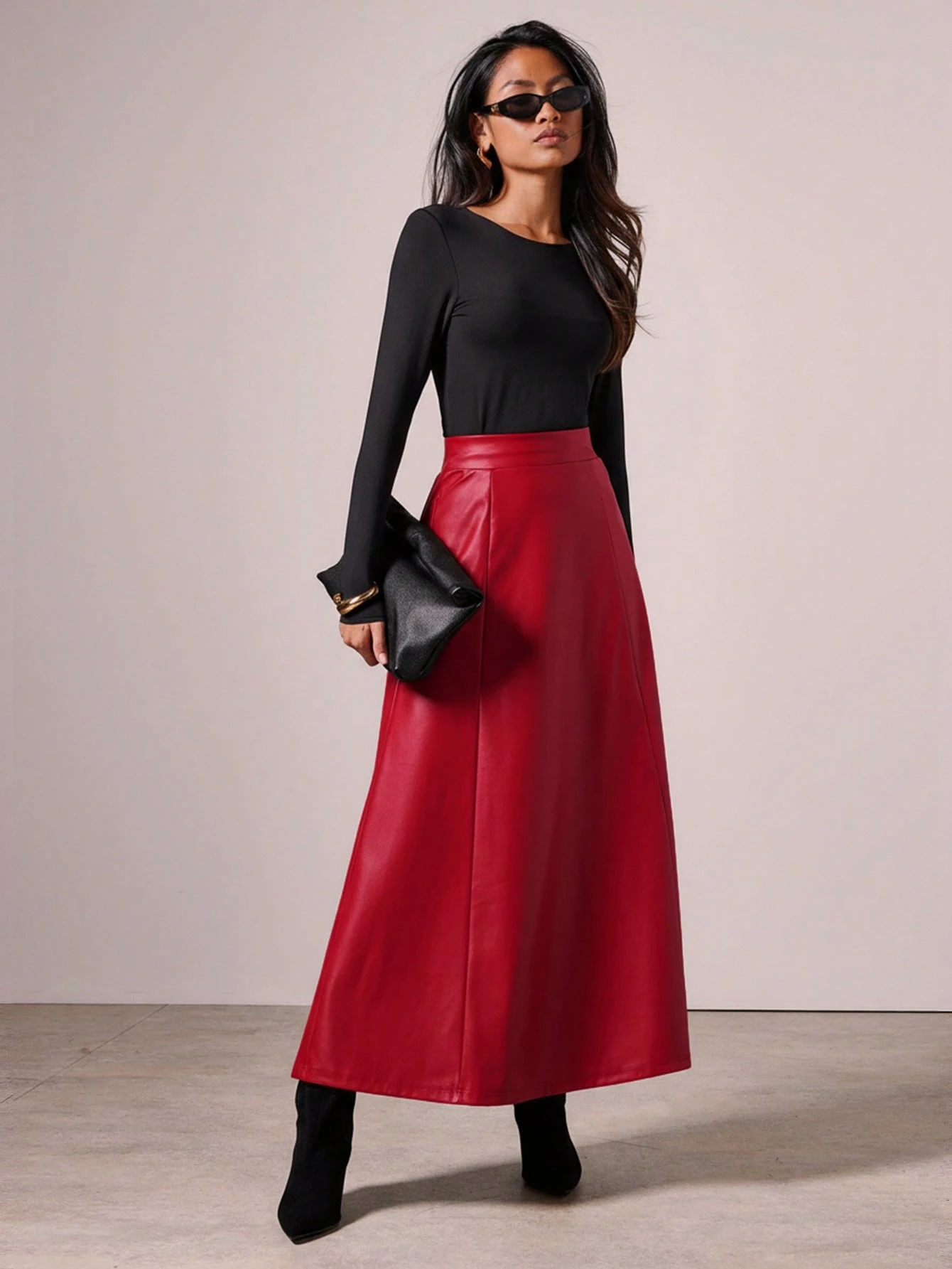 COSMINA Jupe longue élégante en cuir PU de couleur unie pour femmes, automne/hiver, — vue 11