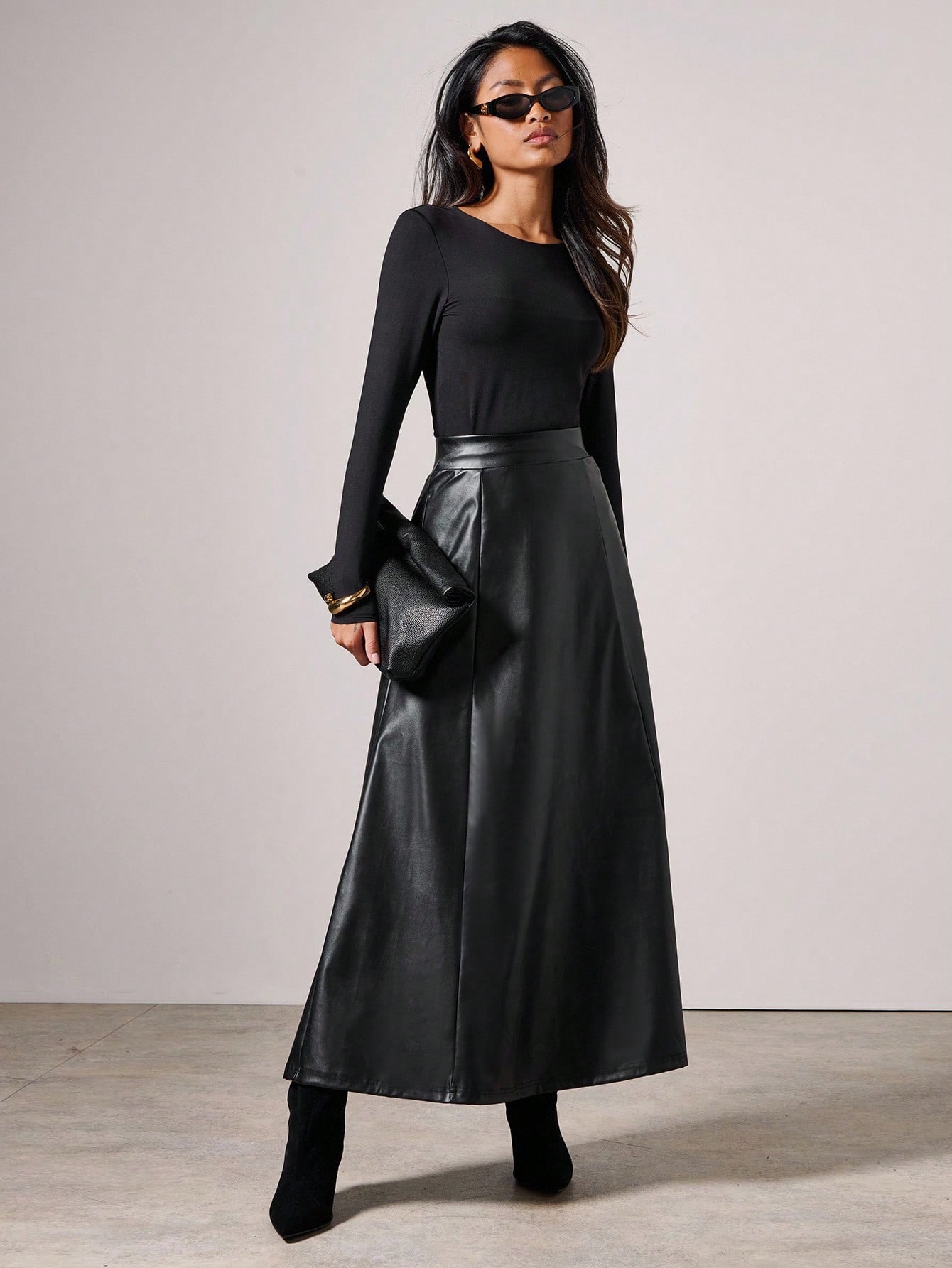 COSMINA Jupe longue élégante en cuir PU de couleur unie pour femmes, automne/hiver, — vue 12