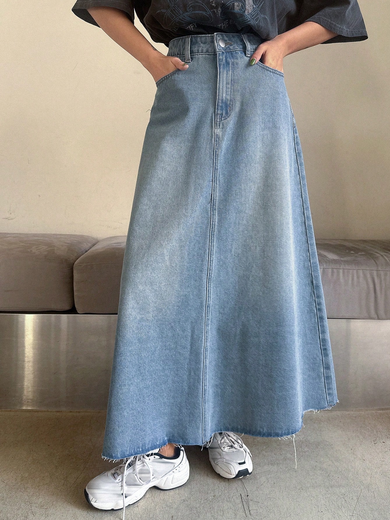 DAZY Jupe en jean délavée et effilochée pour femmes, style décontracté — vue 11