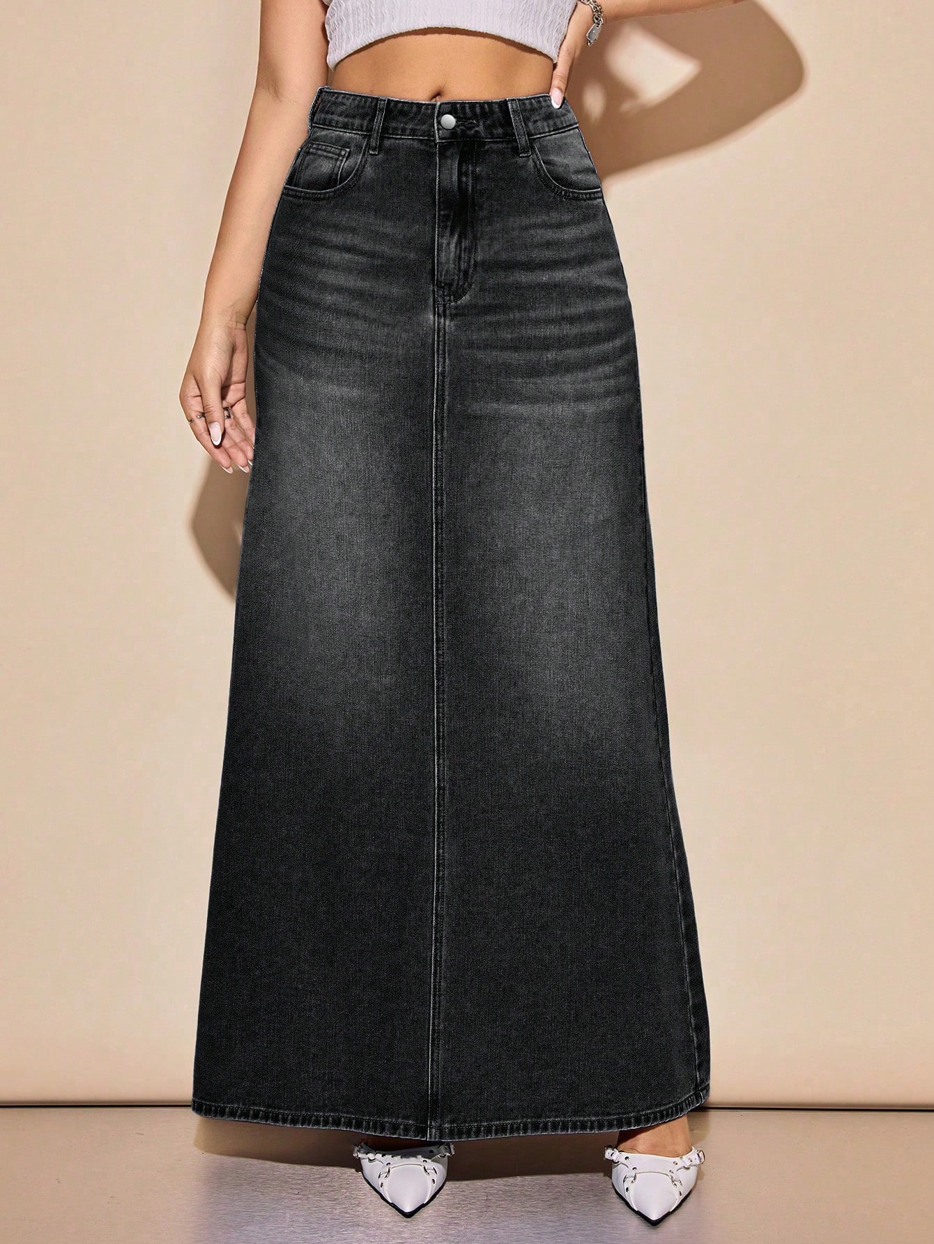 Flexra Jupe longue en denim épais lavé marron, coupe droite, vintage, avec boutons et — vue 2