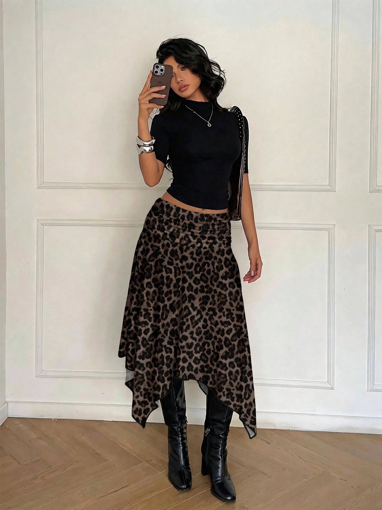 Aloruh Jupe midi classique à imprimé léopard pour femme, ourlet asymétrique – Style