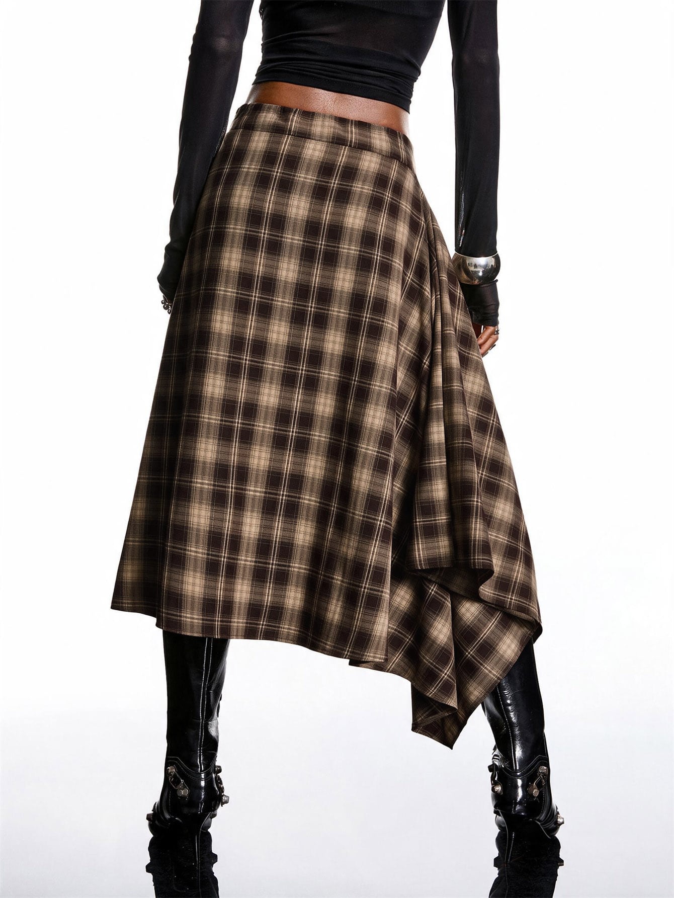 LYSMO 2025 Nouvelle arrivée Minimalisme Hiver Femmes Jupe portefeuille à carreaux bruns — vue 4