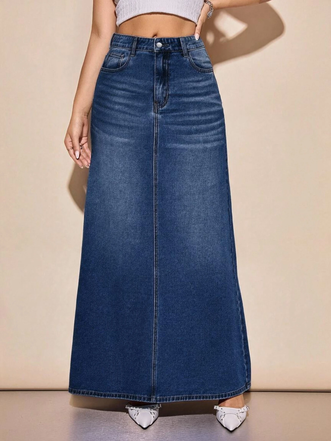 Flexra Jupe longue en denim épais lavé marron, coupe droite, vintage, avec boutons et — vue 4