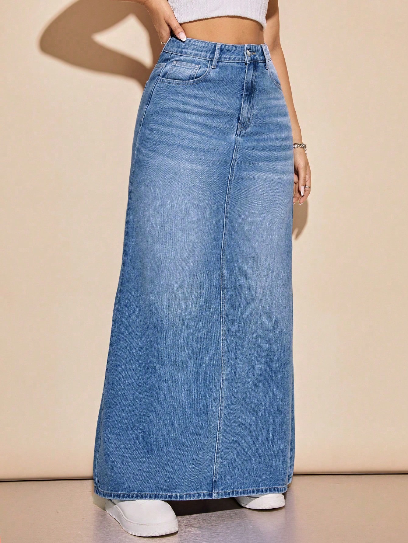 Flexra Jupe longue en denim épais lavé marron, coupe droite, vintage, avec boutons et — vue 5