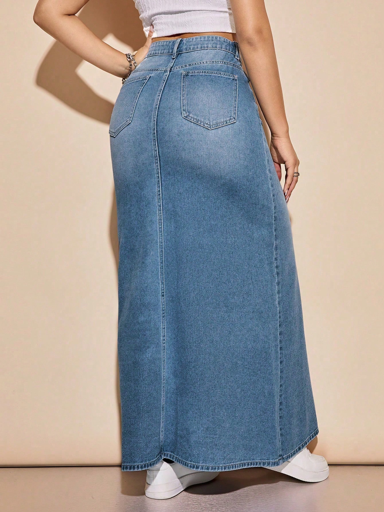 Flexra Jupe longue en denim épais lavé marron, coupe droite, vintage, avec boutons et — vue 8
