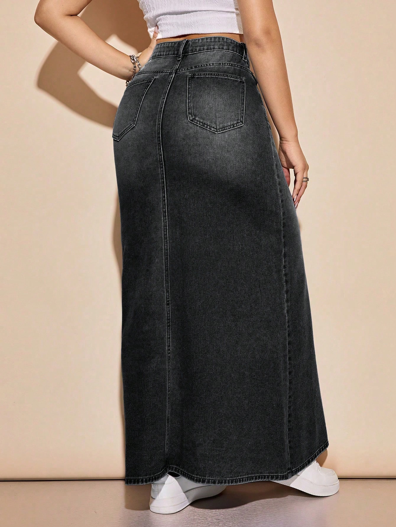 Flexra Jupe longue en denim épais lavé marron, coupe droite, vintage, avec boutons et — vue 7
