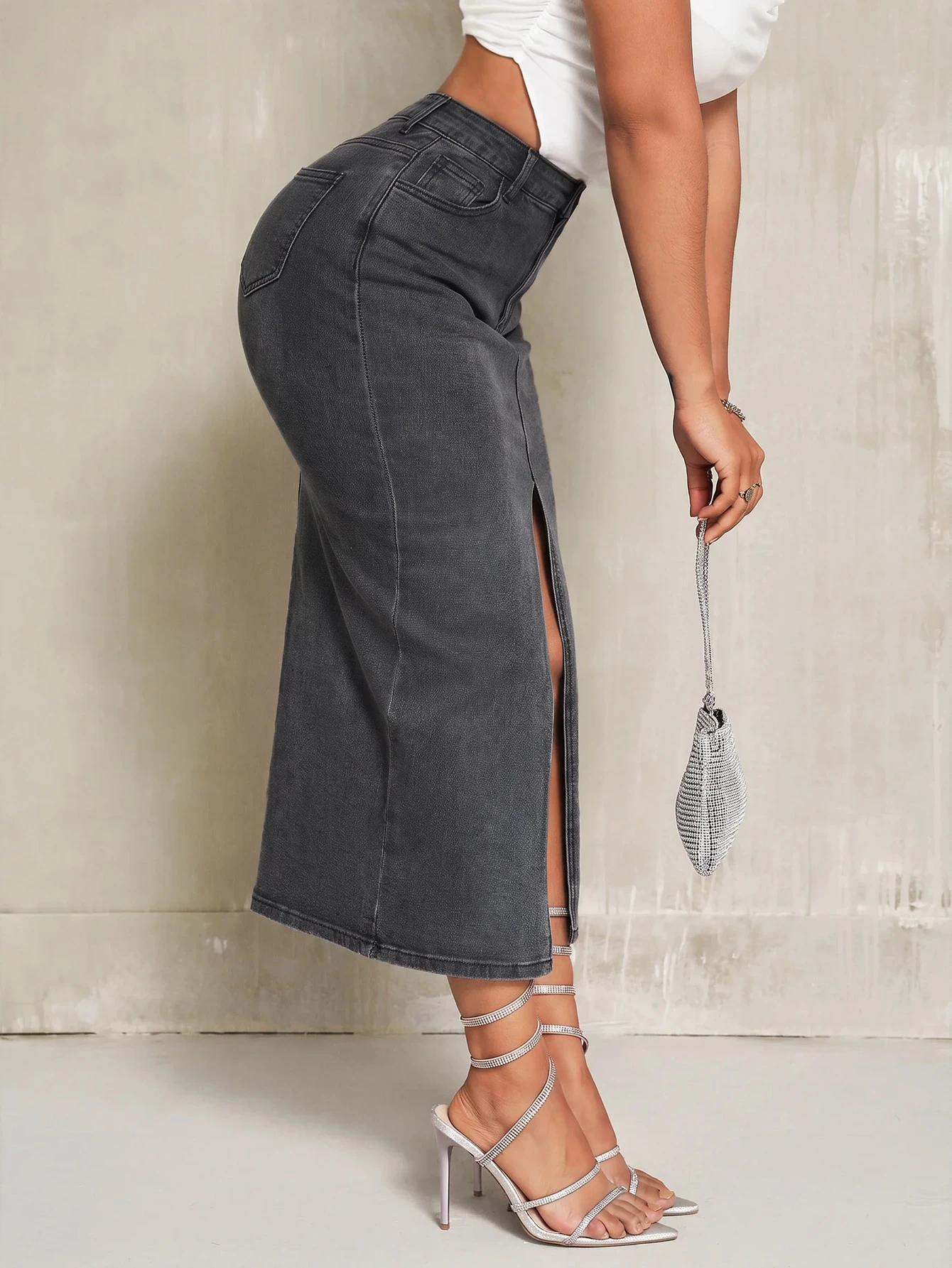 Jupe mini en jean ajustée avec fente au bas, couleur unie, style décontracté — vue 4