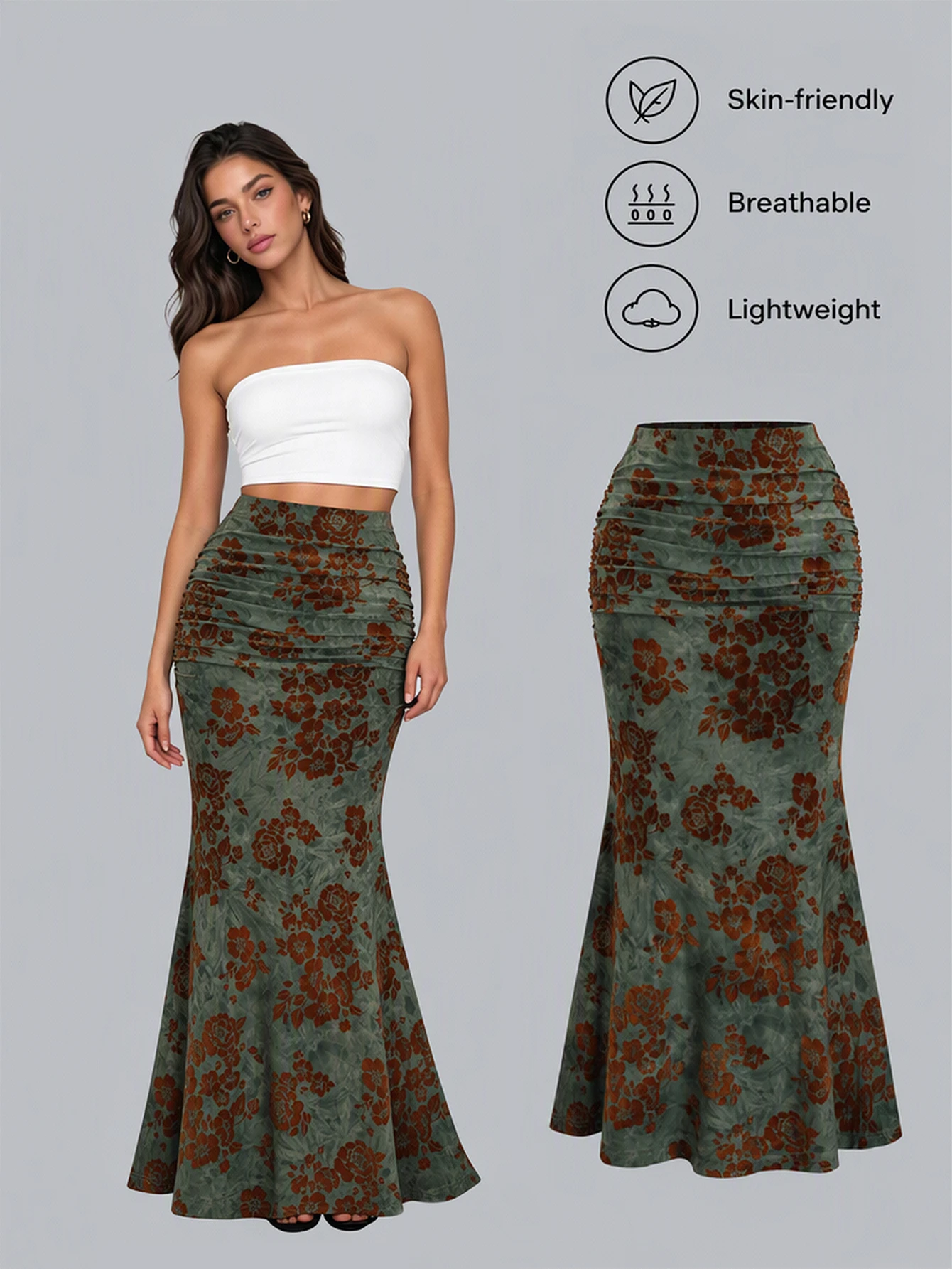 Sweetra Jupe longue vintage élégante à imprimé floqué queue de poisson pour femmes, — vue 7