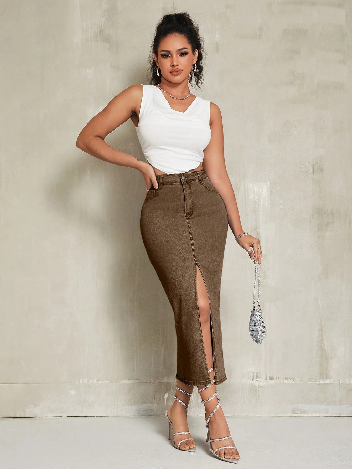 Jupe mini en jean ajustée avec fente au bas, couleur unie, style décontracté — vue 12